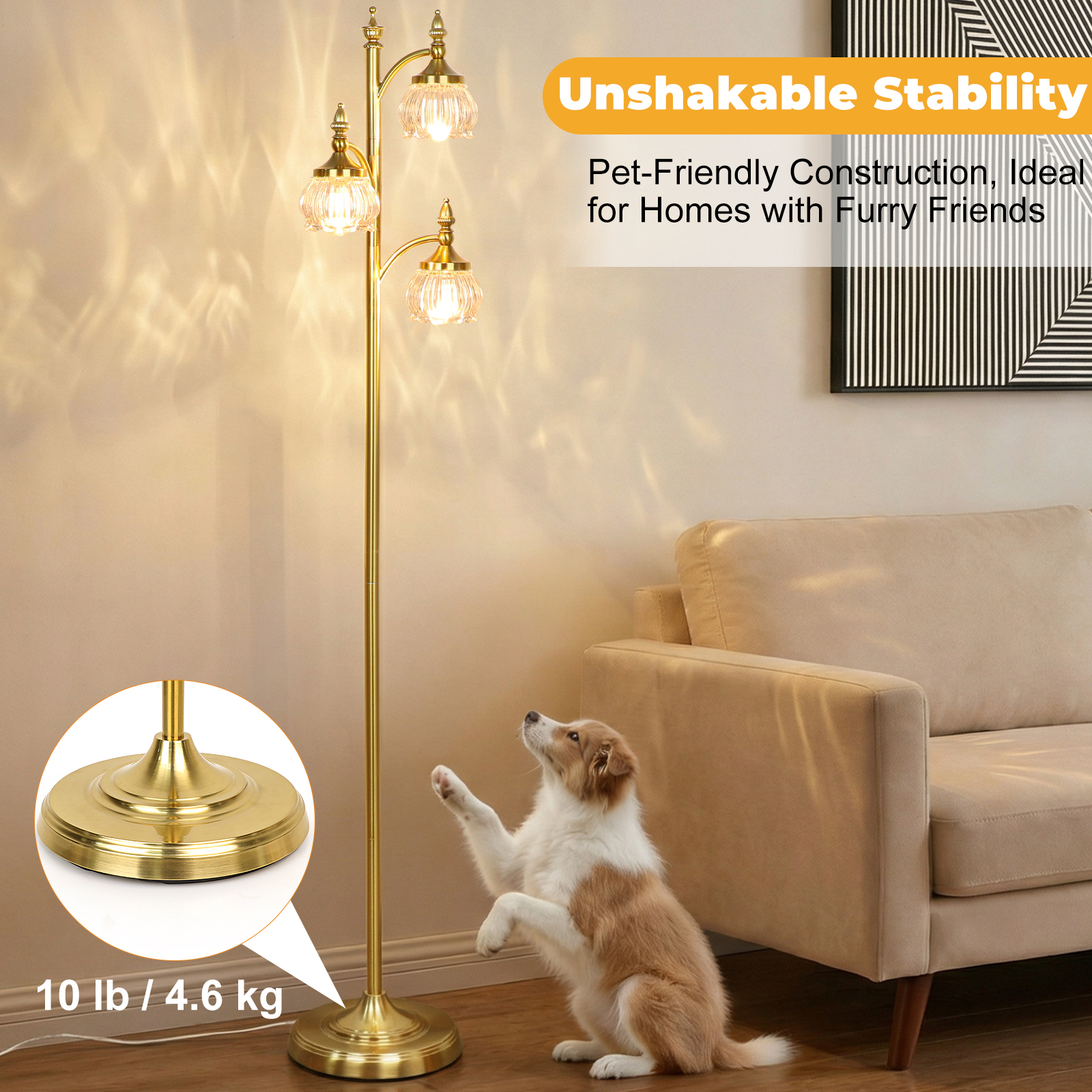 Metal & glass shade floor lamp 3 heads