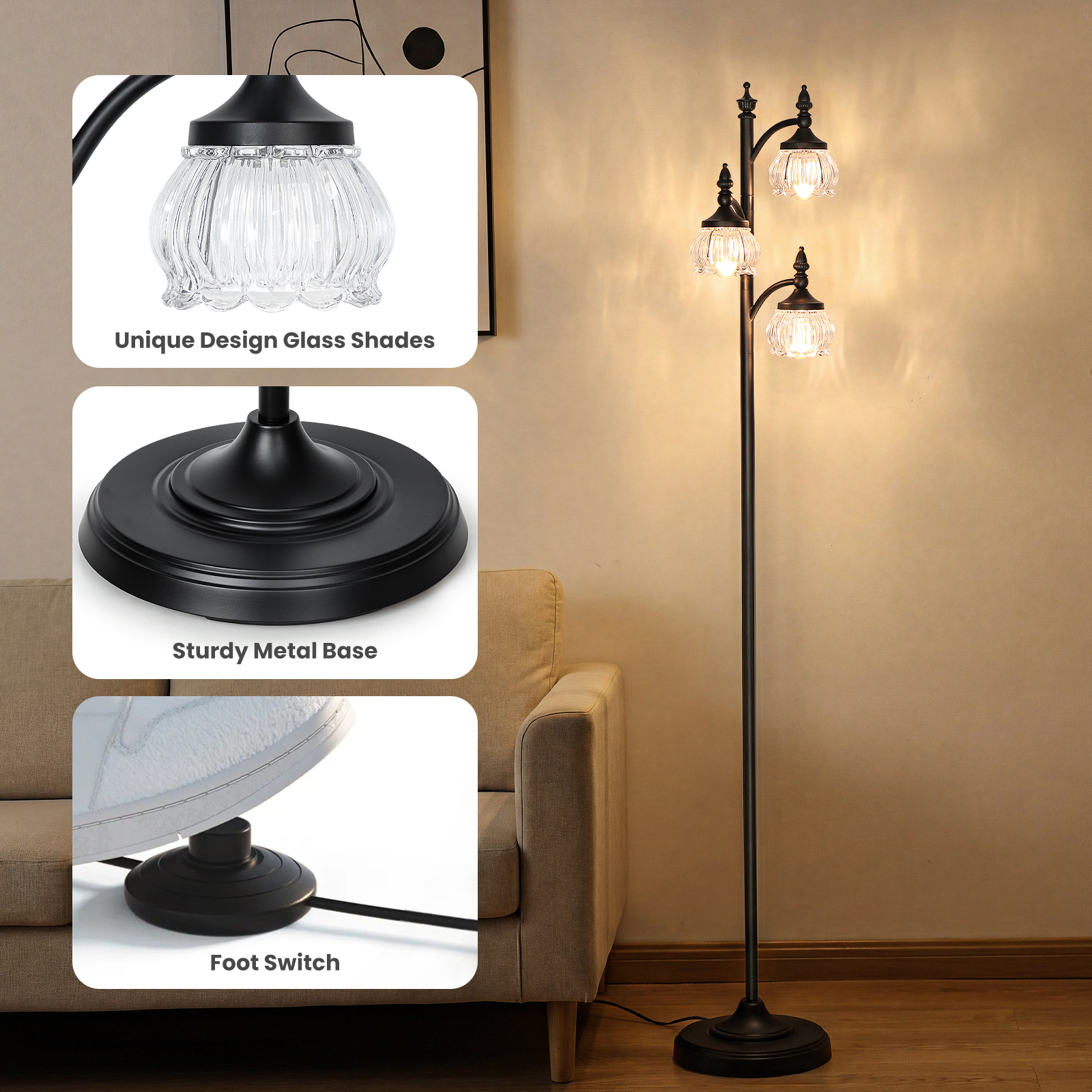 Metal & glass shade floor lamp 3 heads