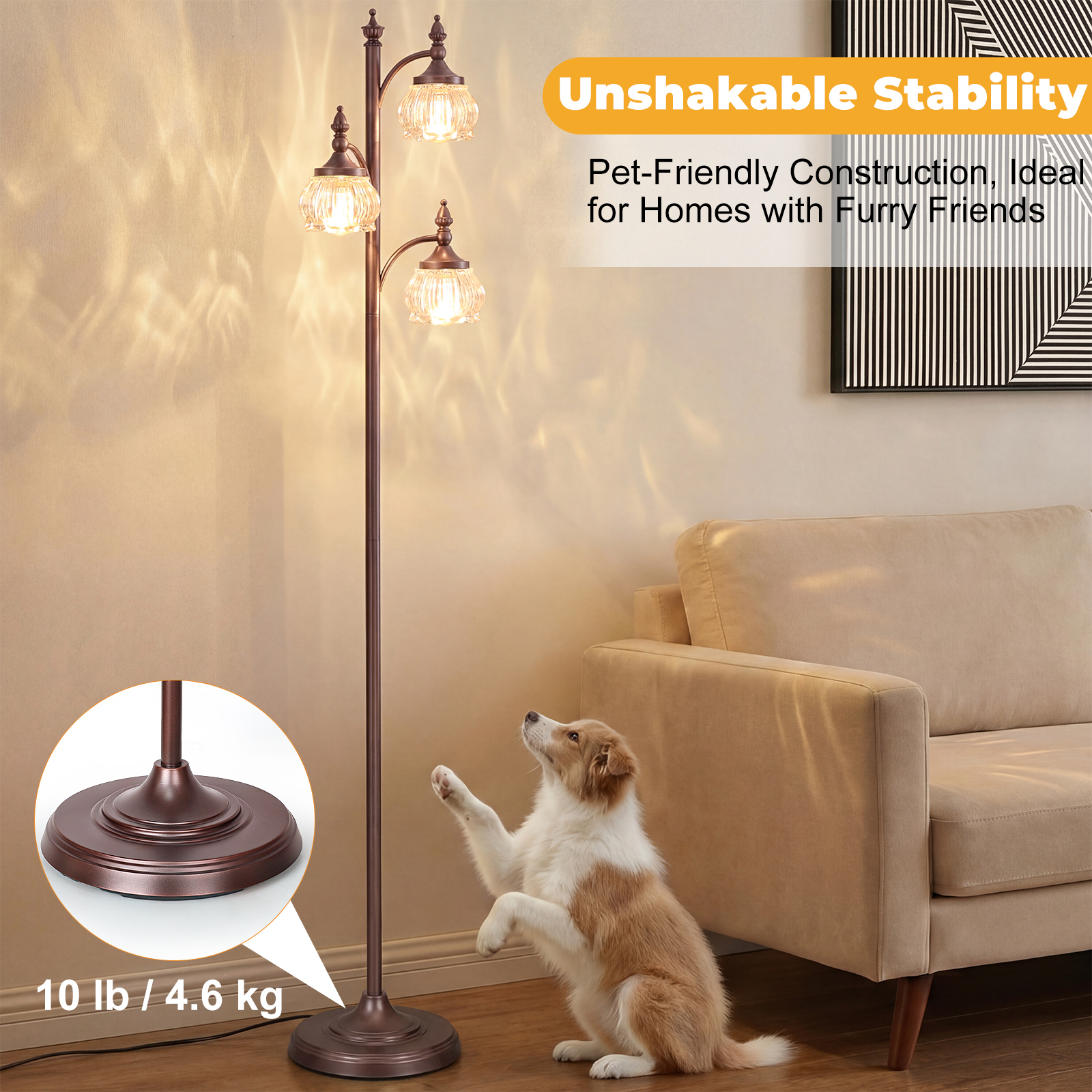 Metal & glass shade floor lamp 3 heads