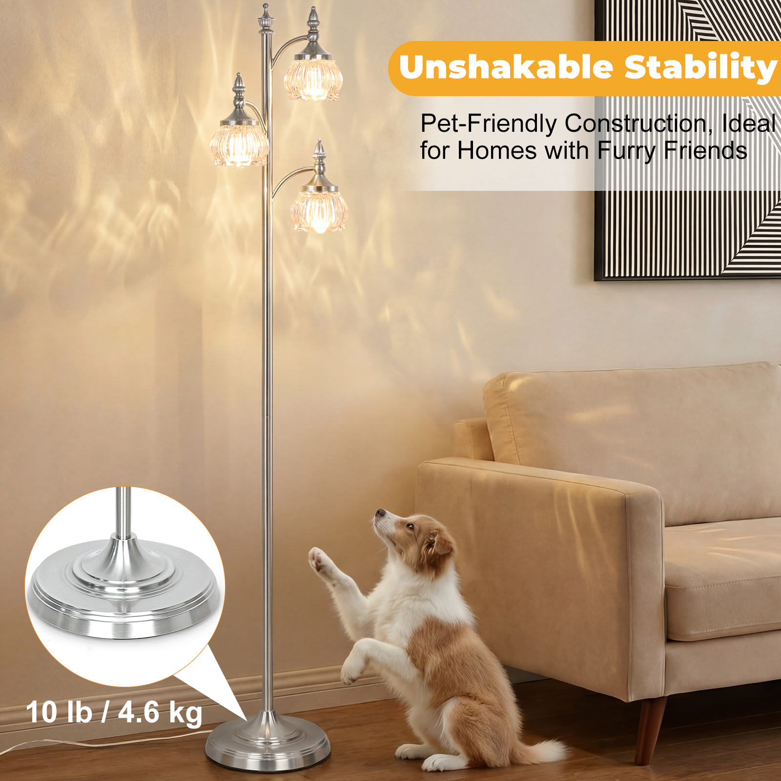 Metal & glass shade floor lamp 3 heads