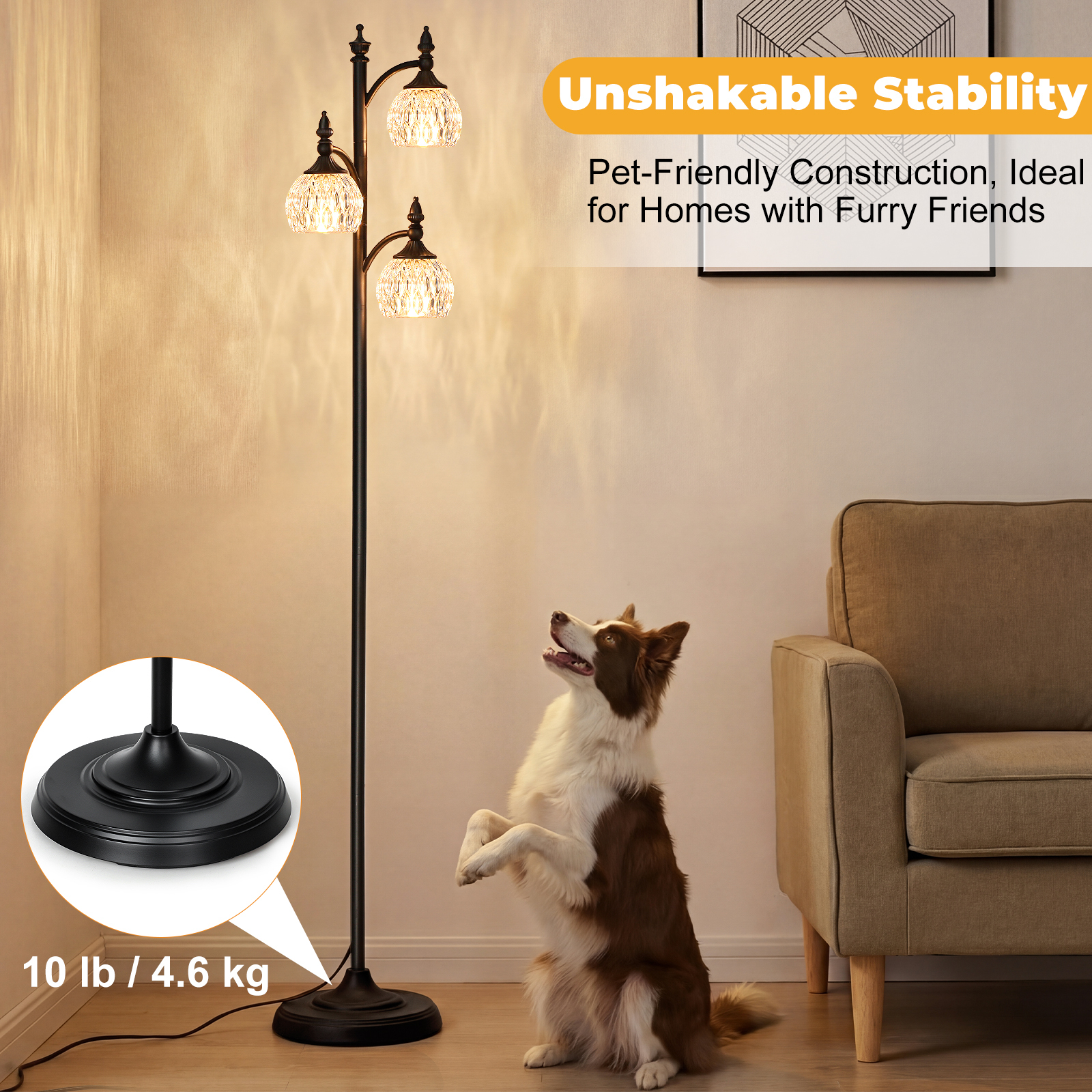 Metal & glass shade floor lamp 3 heads