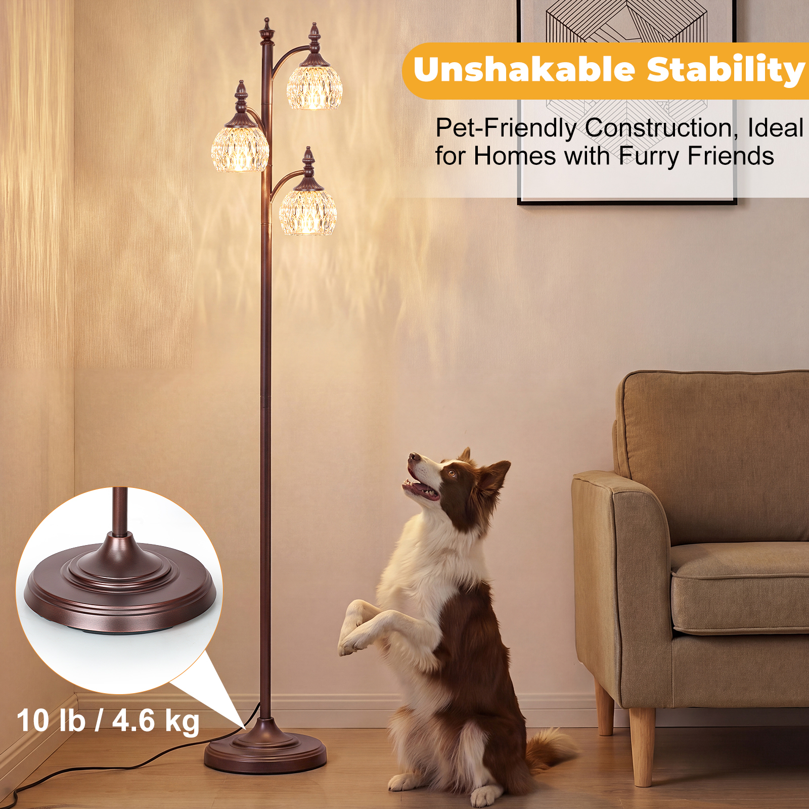 Metal & glass shade floor lamp 3 heads