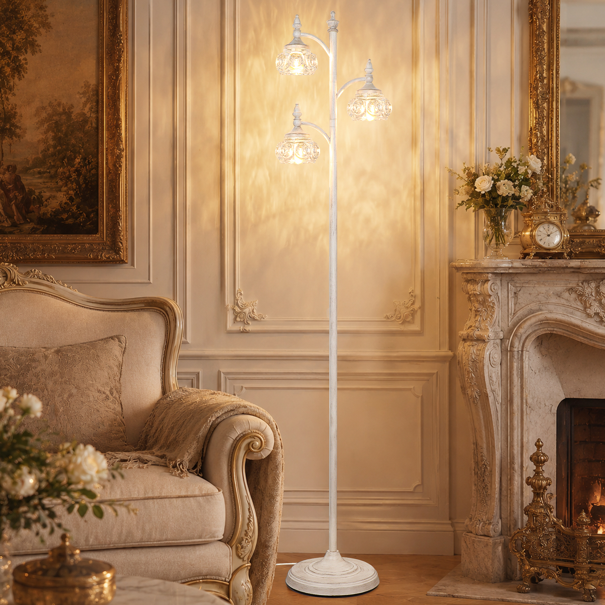 Metal & glass shade floor lamp 3 heads