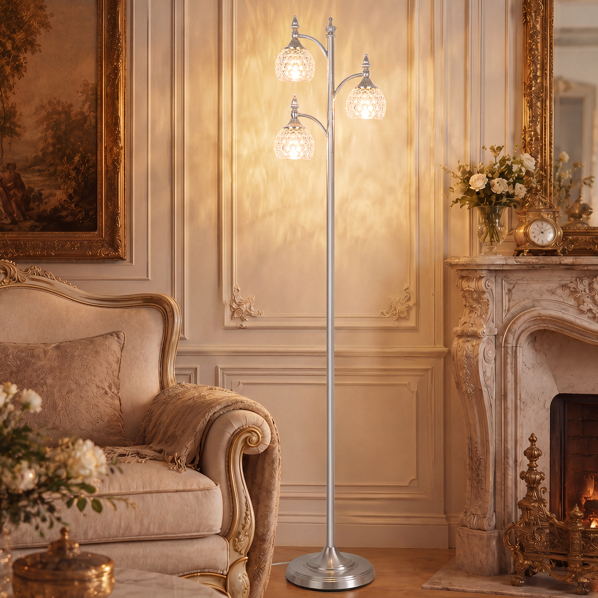 Metal & glass shade floor lamp 3 heads