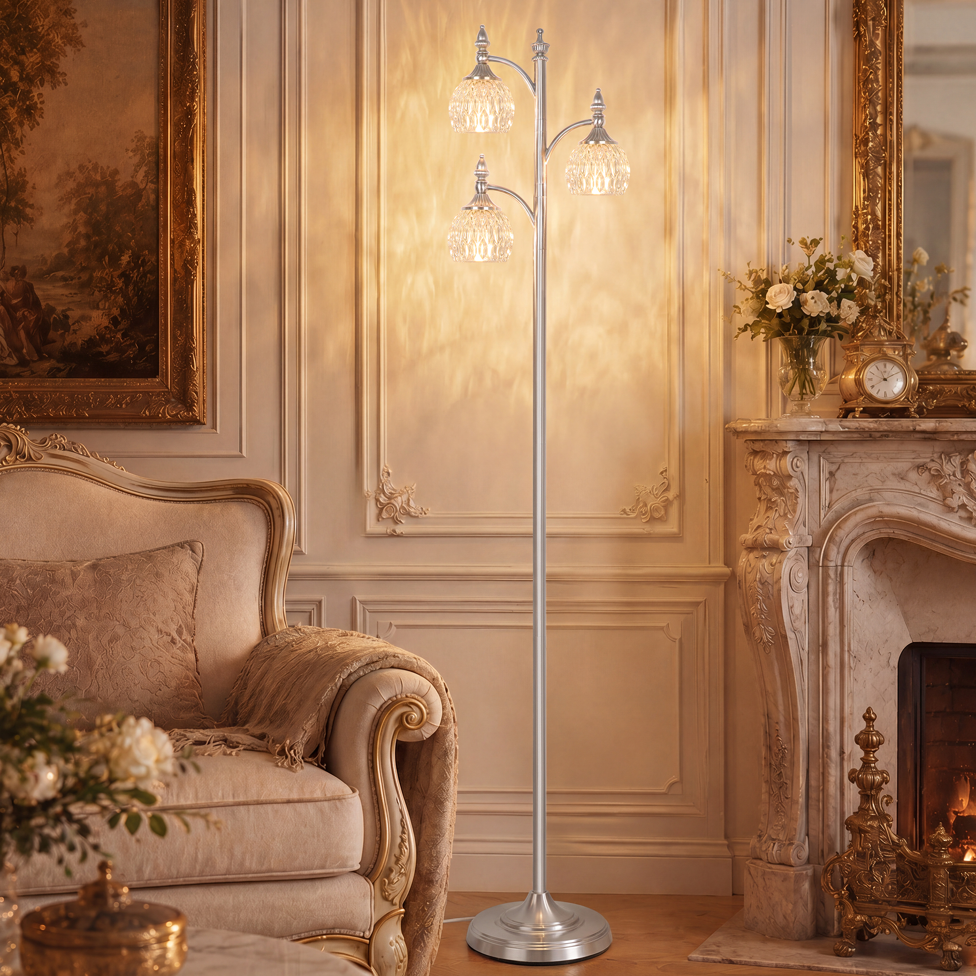 Metal & glass shade floor lamp 3 heads