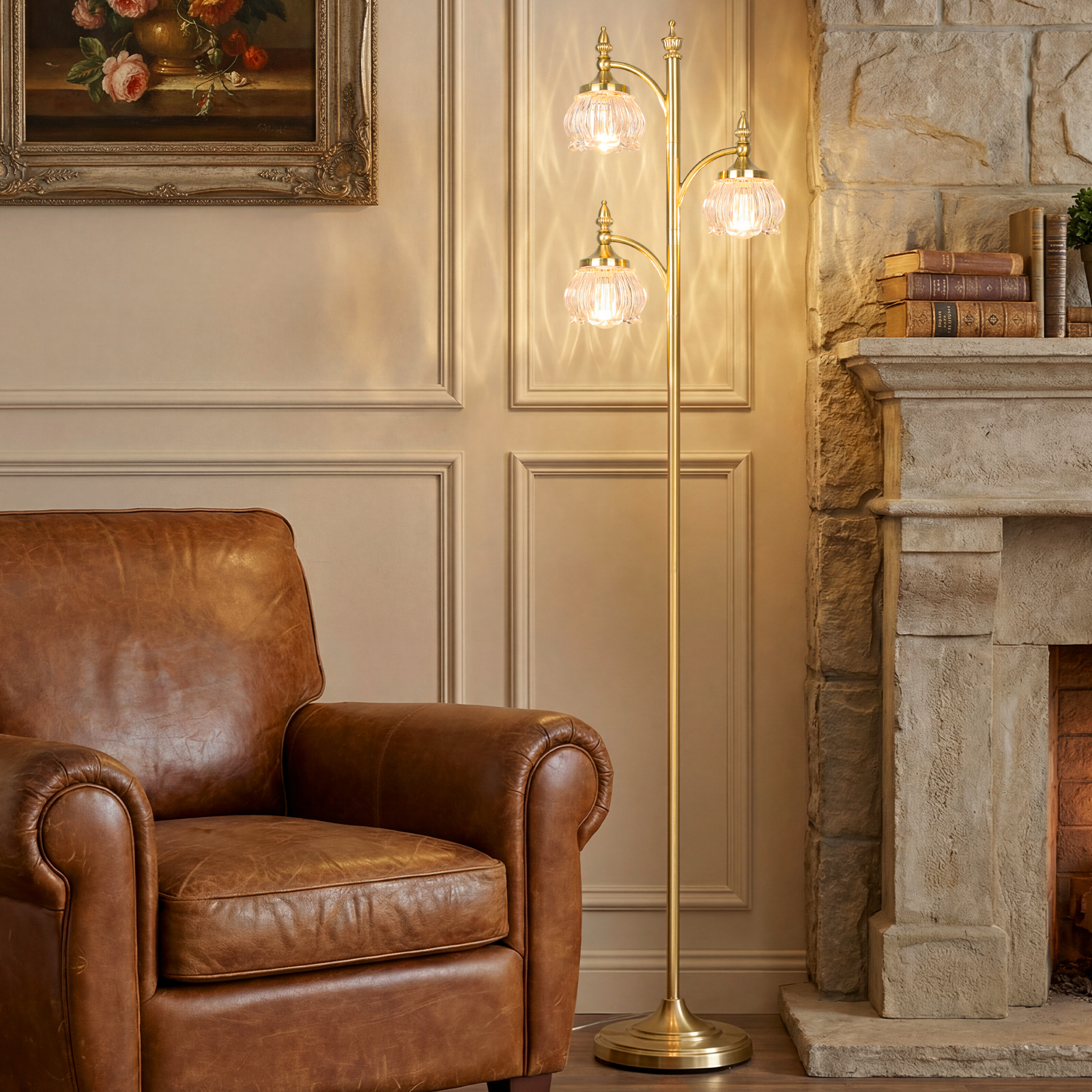 Metal & glass shade floor lamp 3 heads
