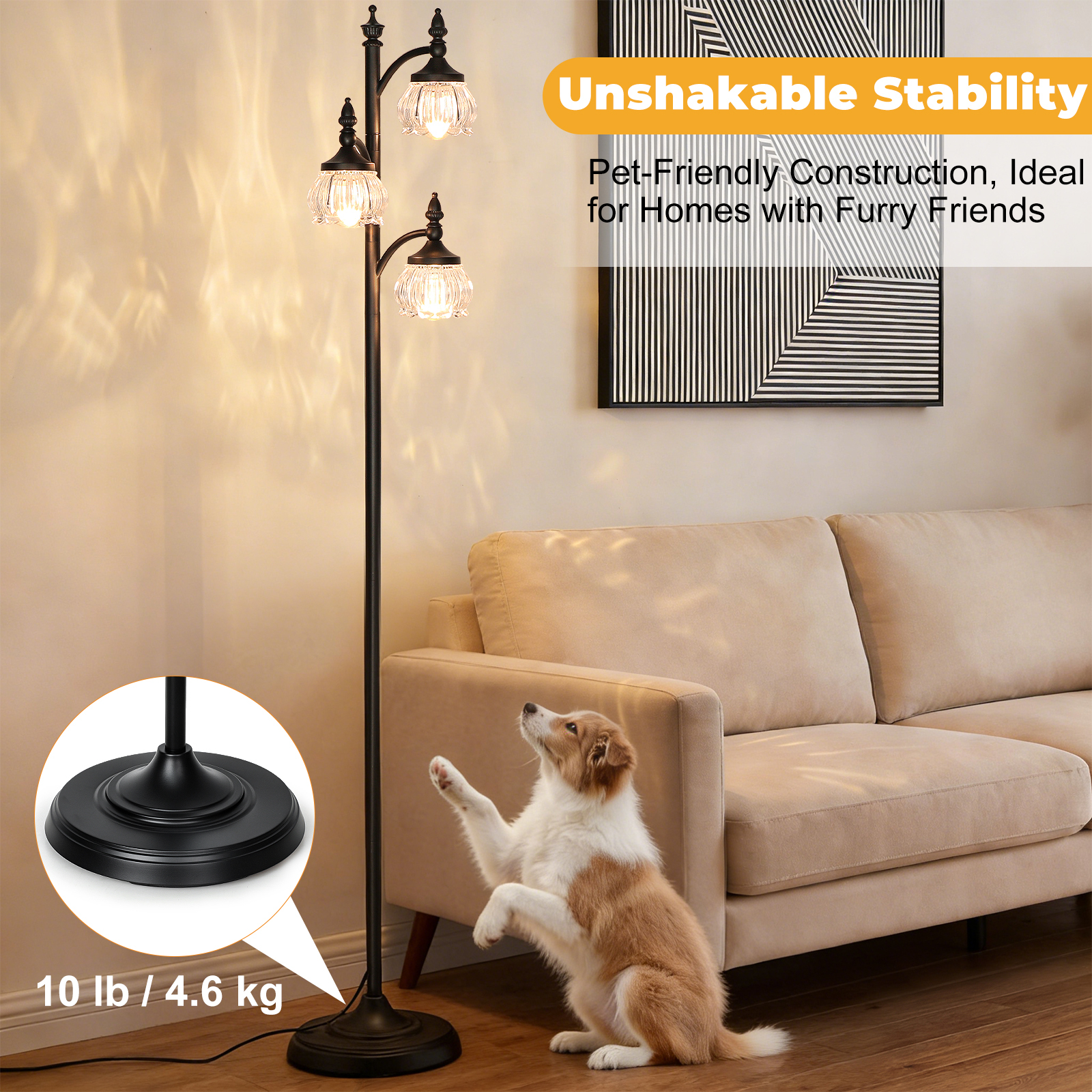Metal & glass shade floor lamp 3 heads