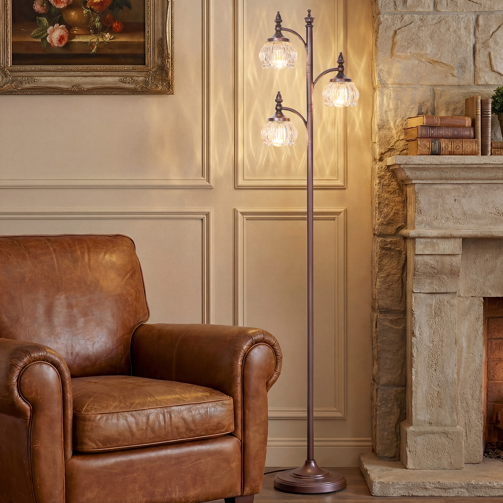 Metal & glass shade floor lamp 3 heads