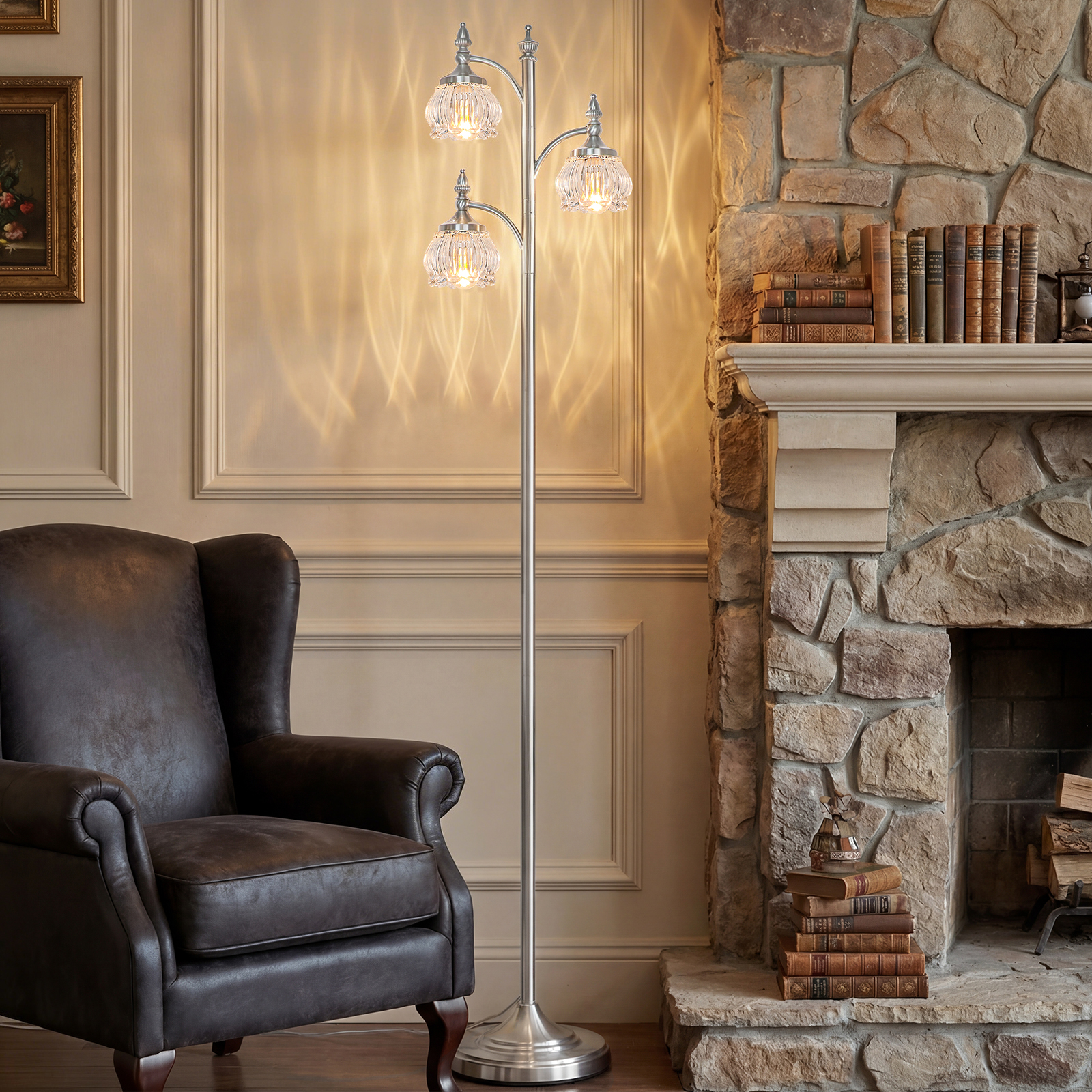 Metal & glass shade floor lamp 3 heads