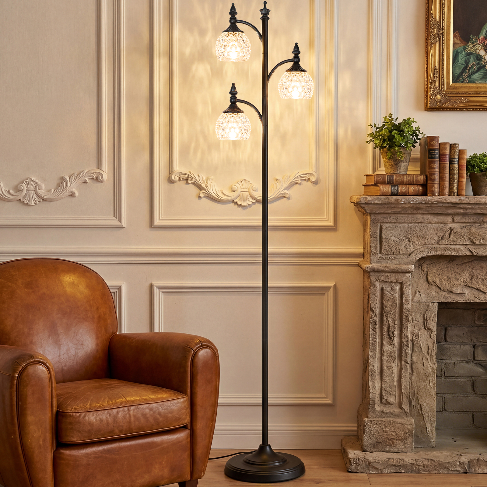 Metal & glass shade floor lamp 3 heads