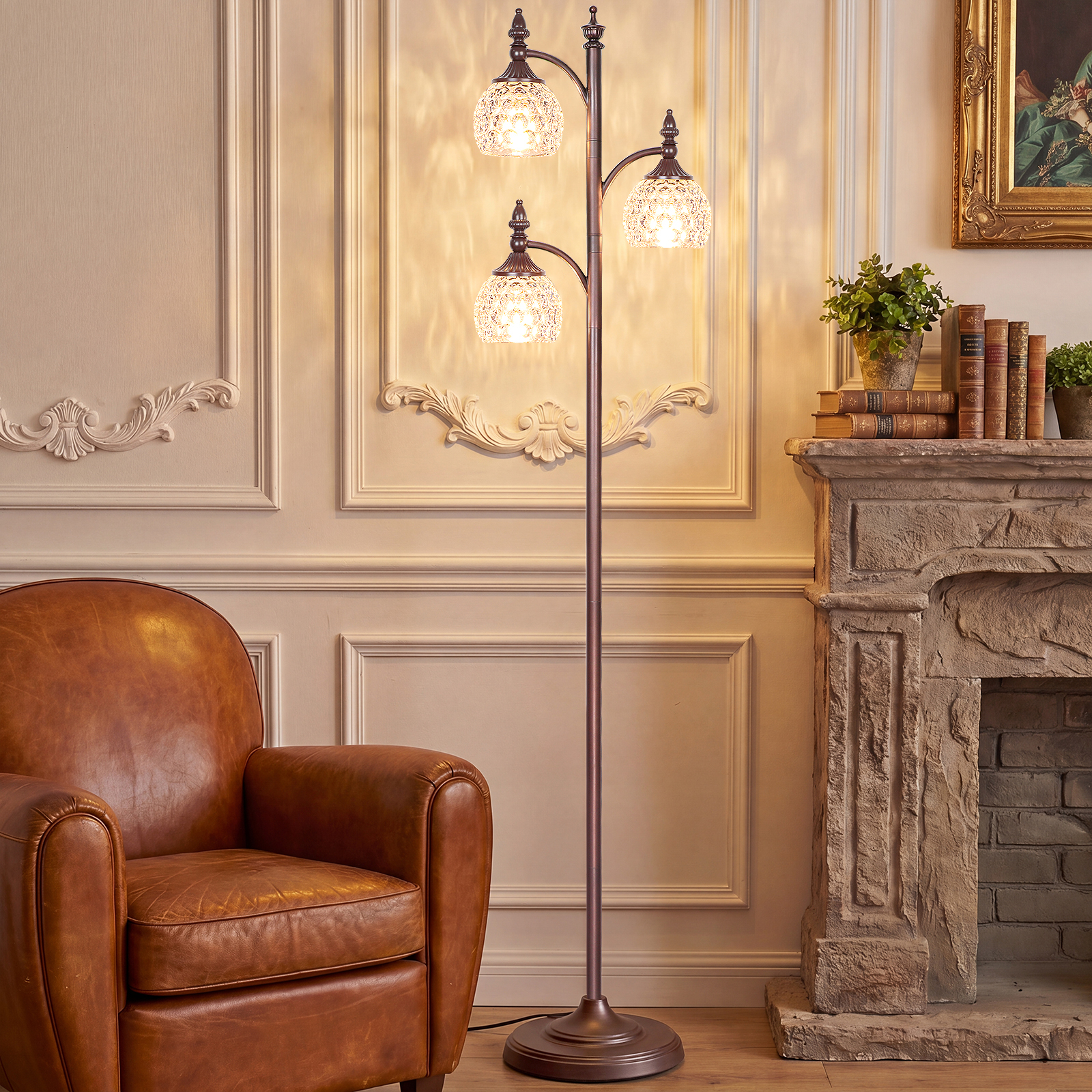 Metal & glass shade floor lamp 3 heads