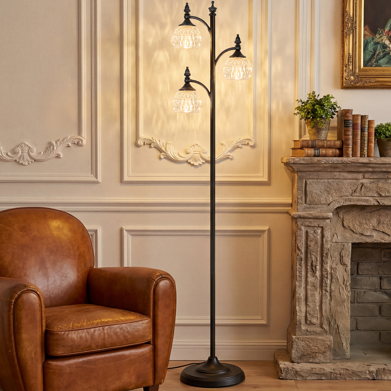 Metal & glass shade floor lamp 3 heads