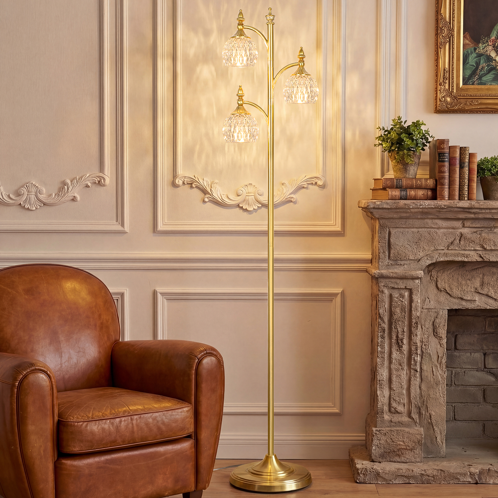 Metal & glass shade floor lamp 3 heads