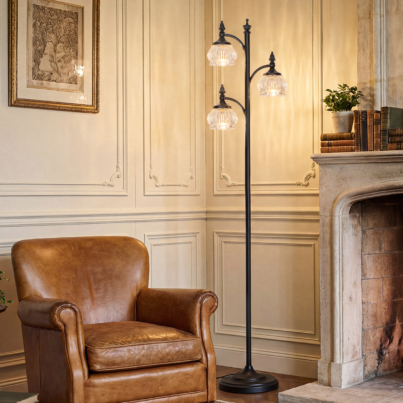 Metal & glass shade floor lamp 3 heads