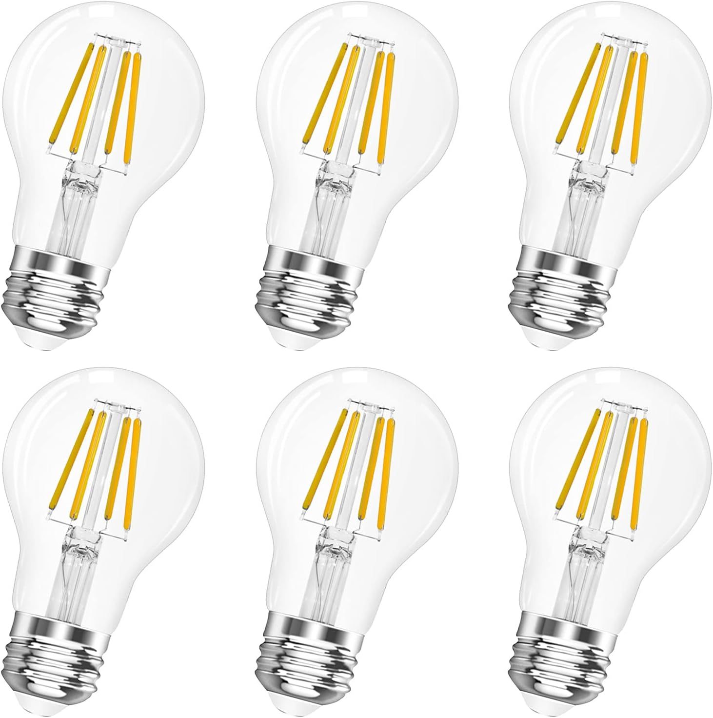 A19 E26 Base Dimmable Edison LED Bulb, Vintage Clear Glass LED Filament Bulb for Home, Wall Sconce, Chandelier, 6 Pack