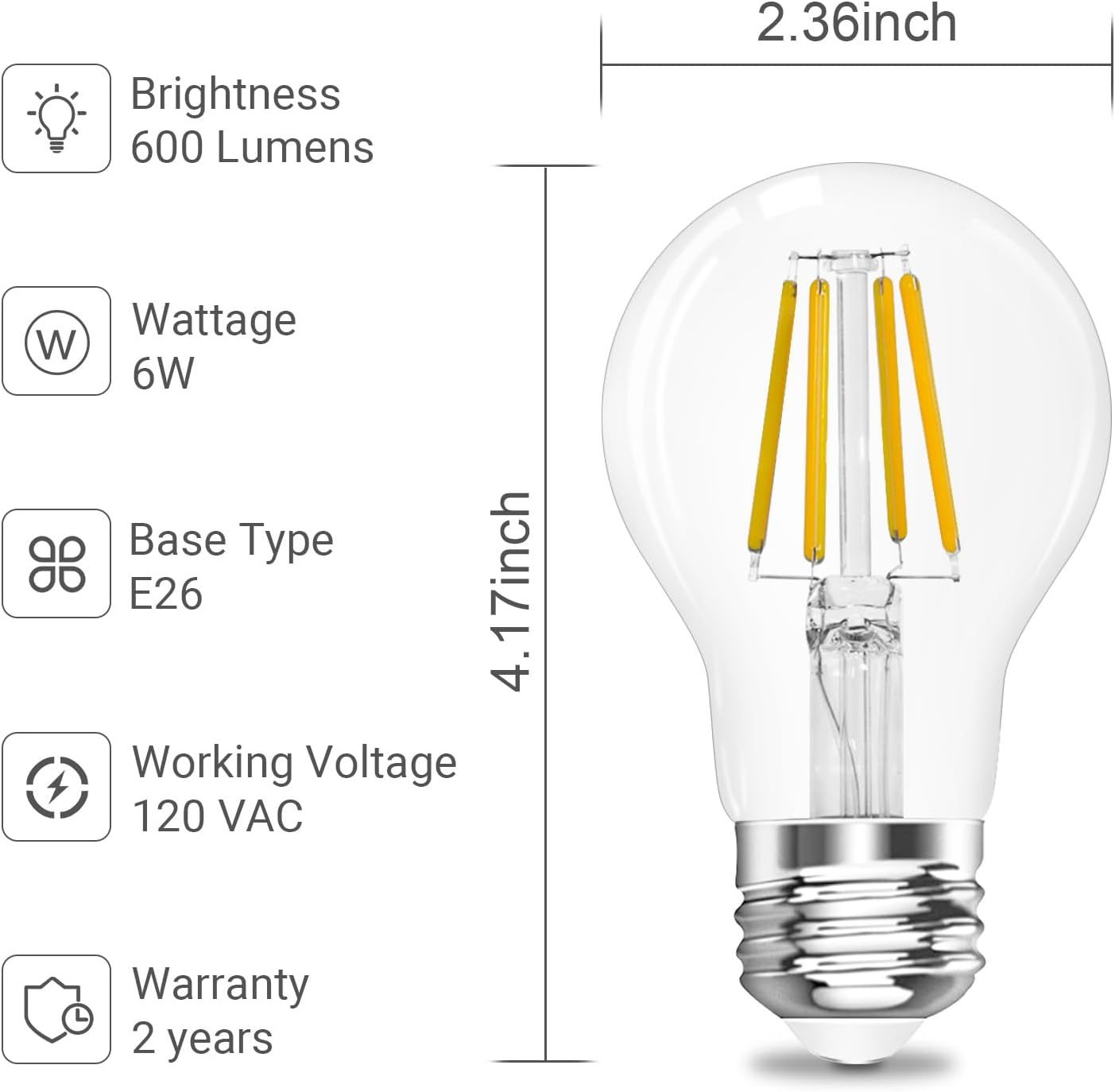 A19 E26 Base Dimmable Edison LED Bulb, Vintage Clear Glass LED Filament Bulb for Home, Wall Sconce, Chandelier, 6 Pack