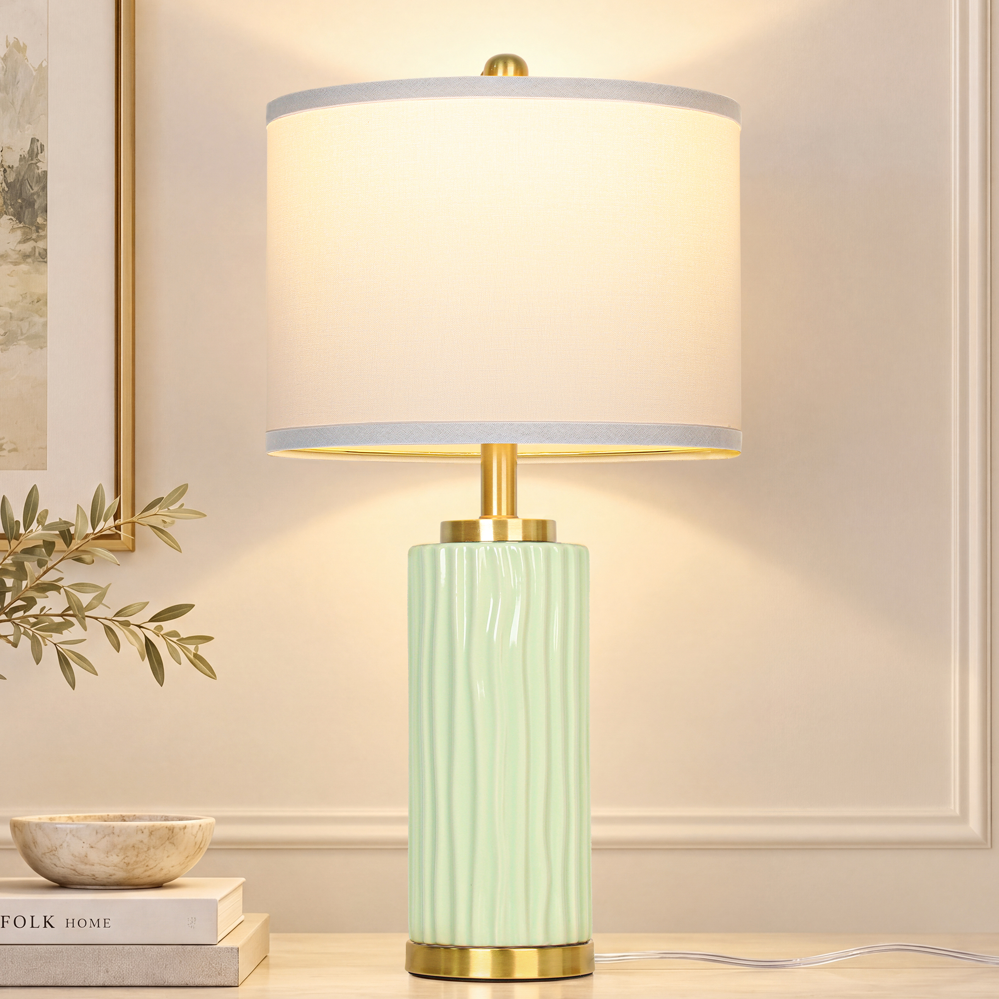25" Wood-grain ceramic table lamp
