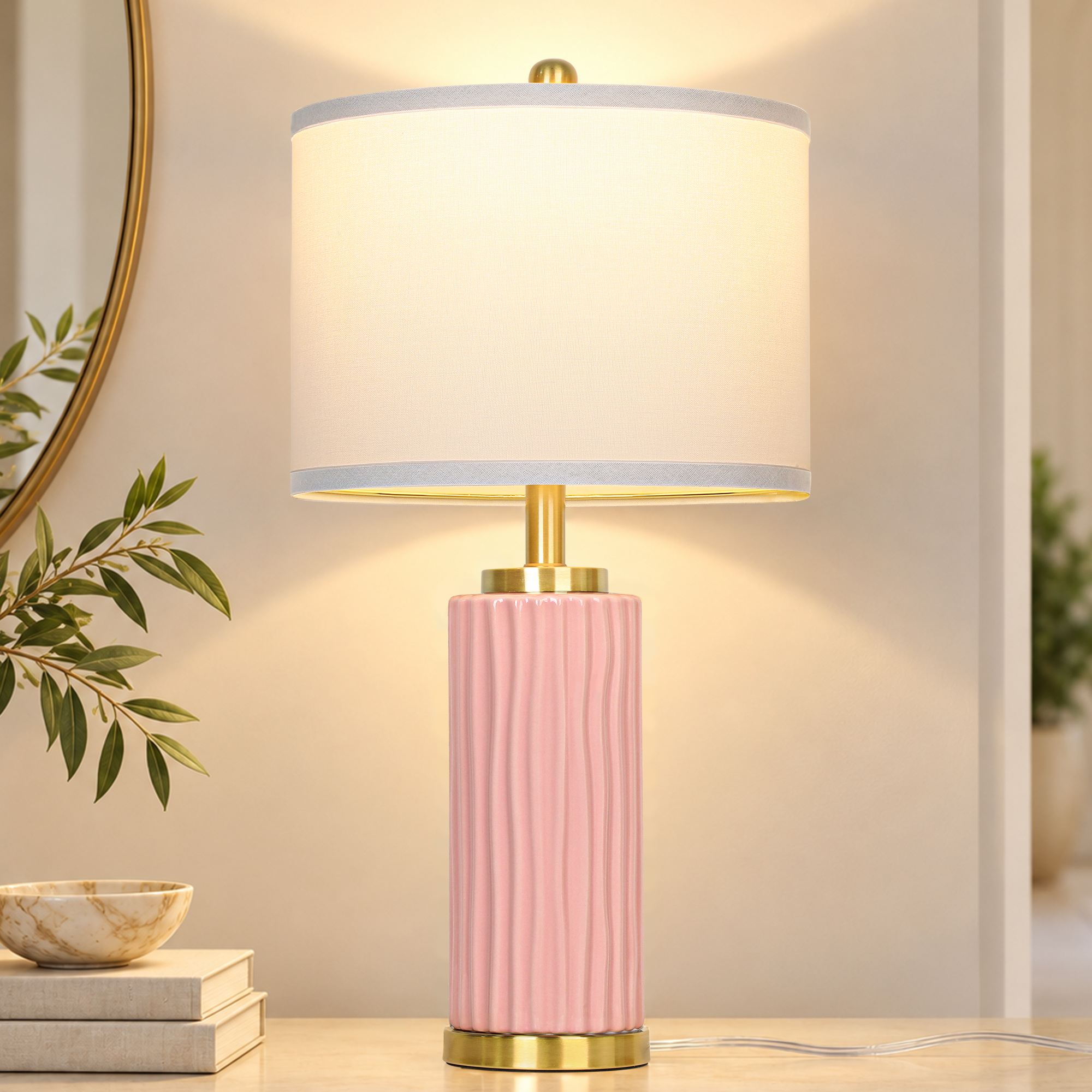 25" Wood-grain ceramic table lamp