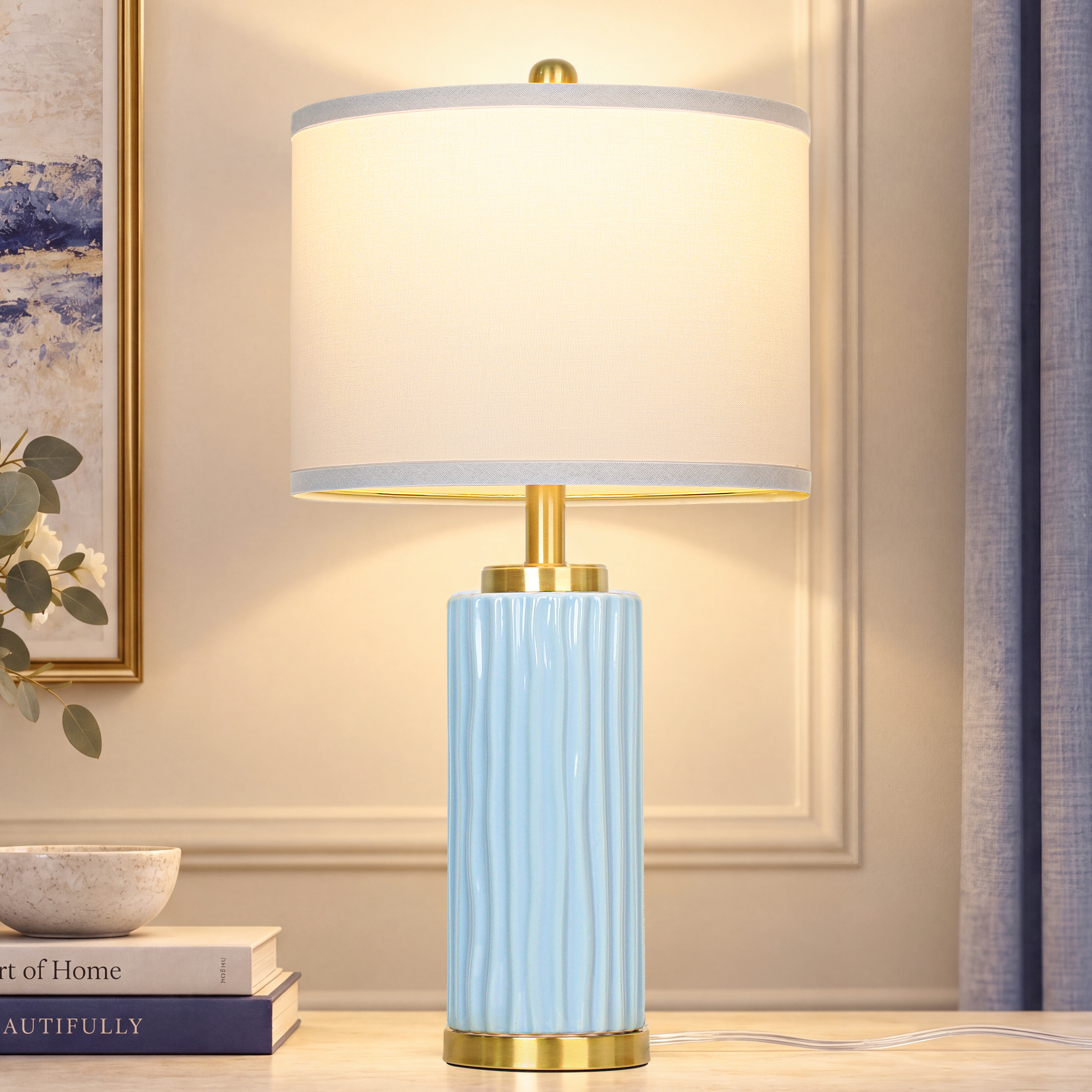 25" Wood-grain ceramic table lamp
