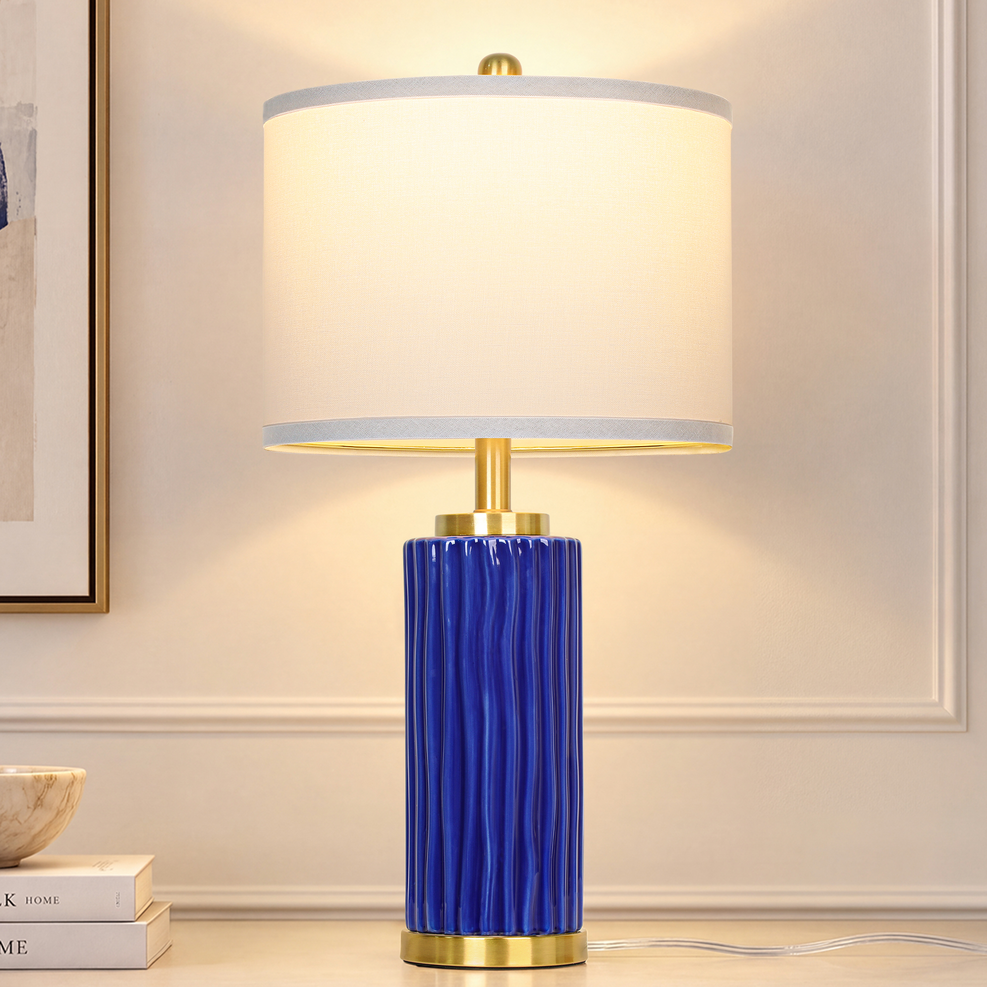 25" Wood-grain ceramic table lamp