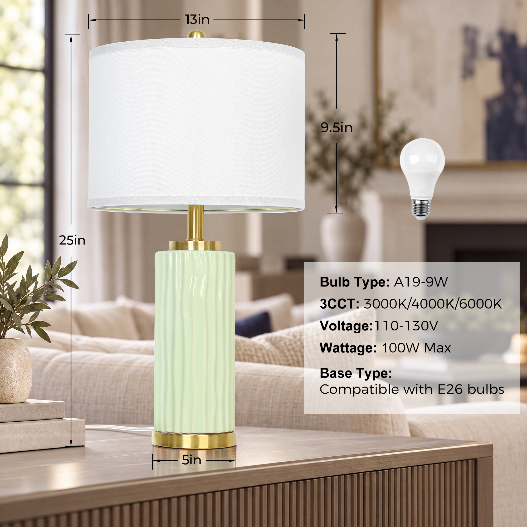 25" Wood-grain ceramic table lamp