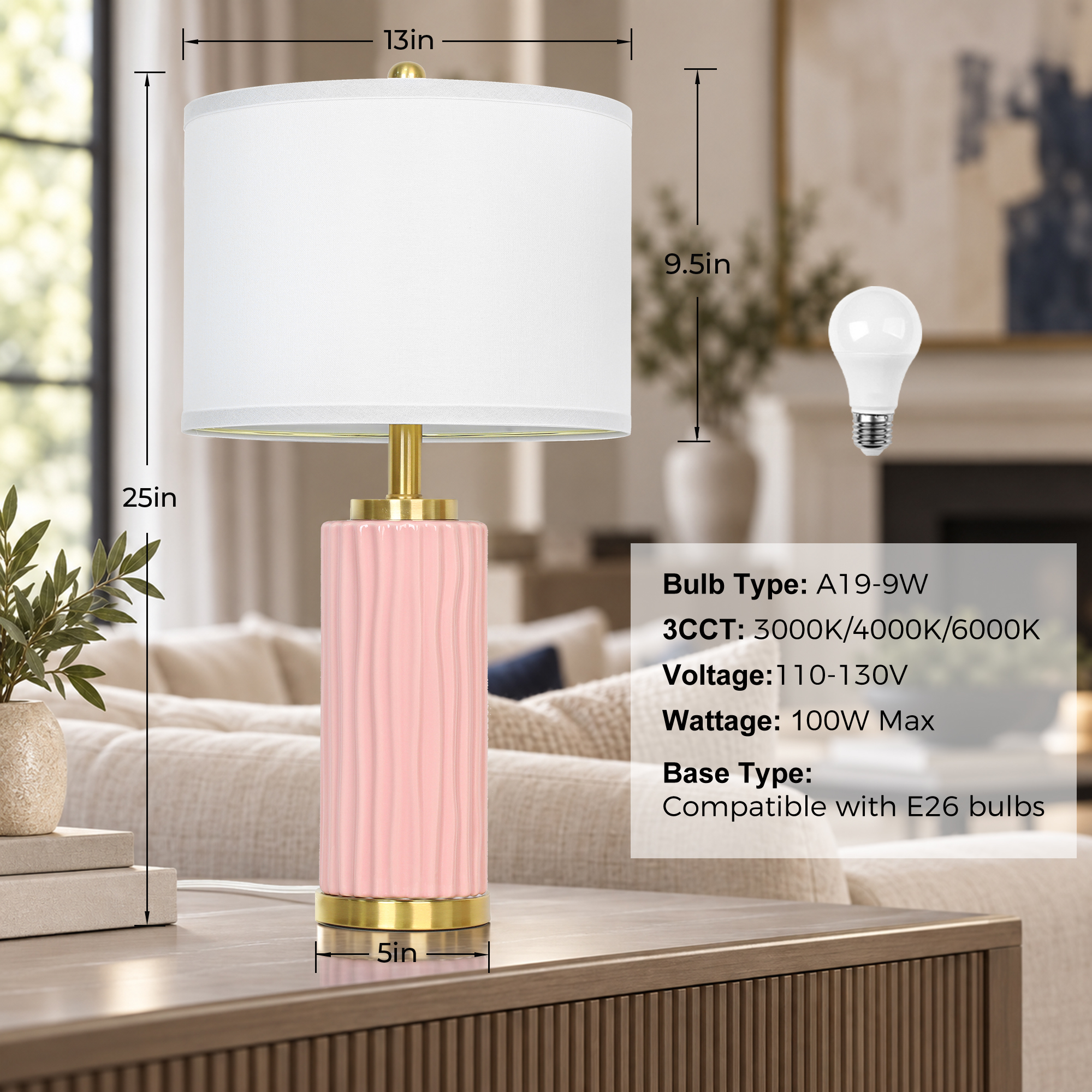 25" Wood-grain ceramic table lamp