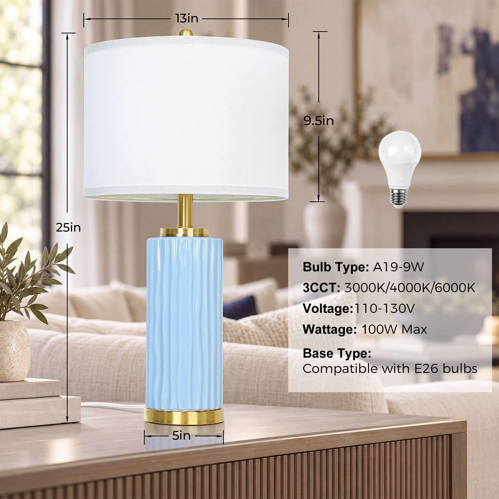 25" Wood-grain ceramic table lamp