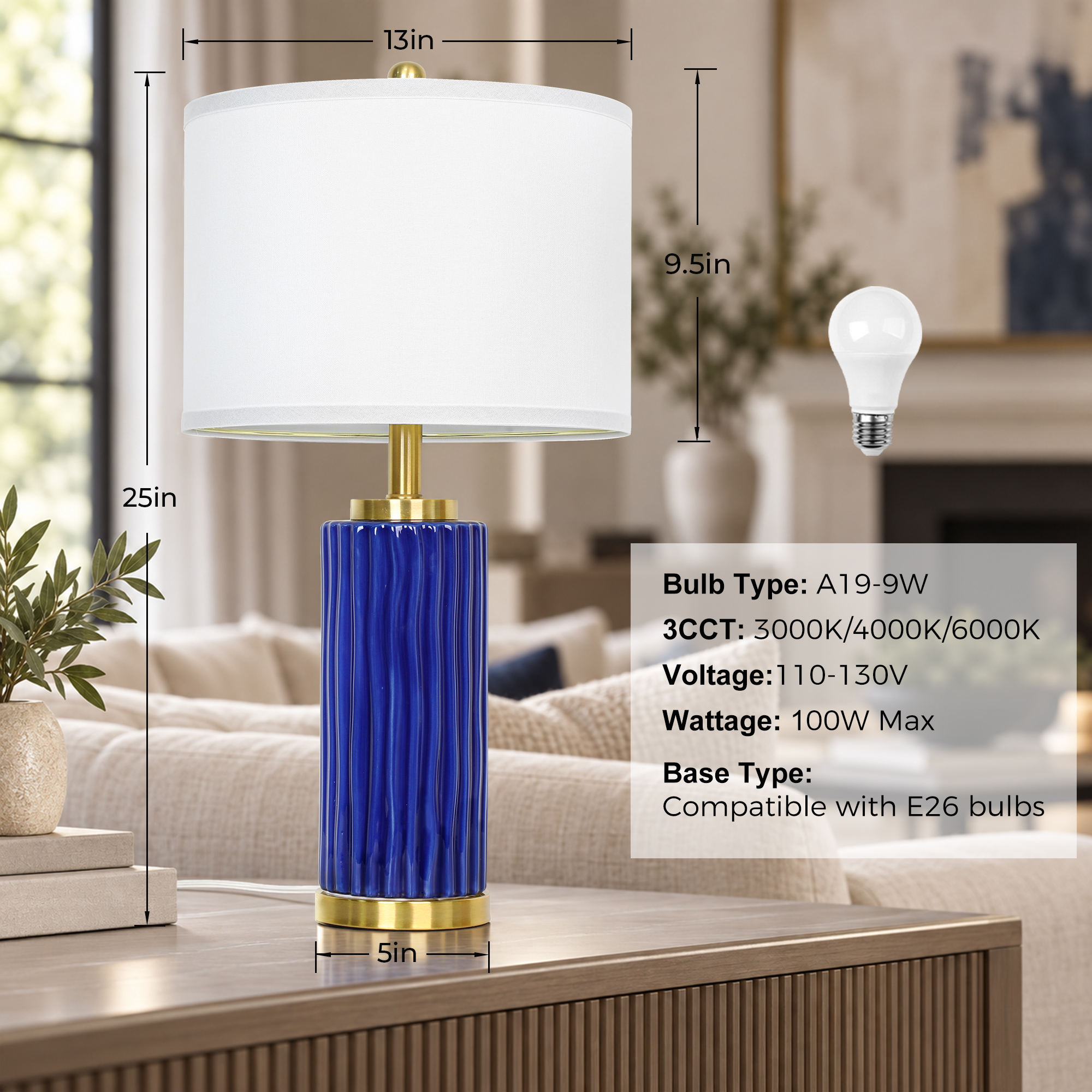 25" Wood-grain ceramic table lamp