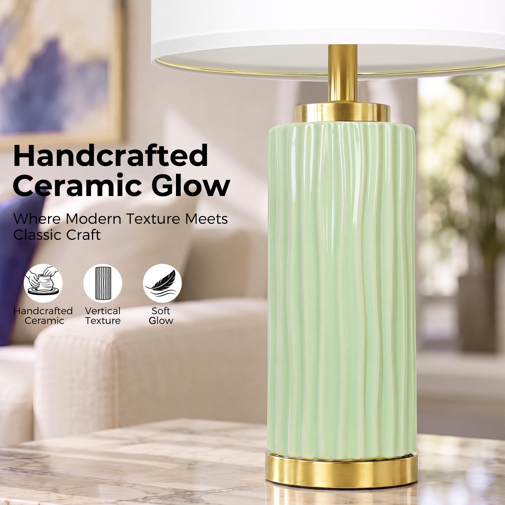 25" Wood-grain ceramic table lamp