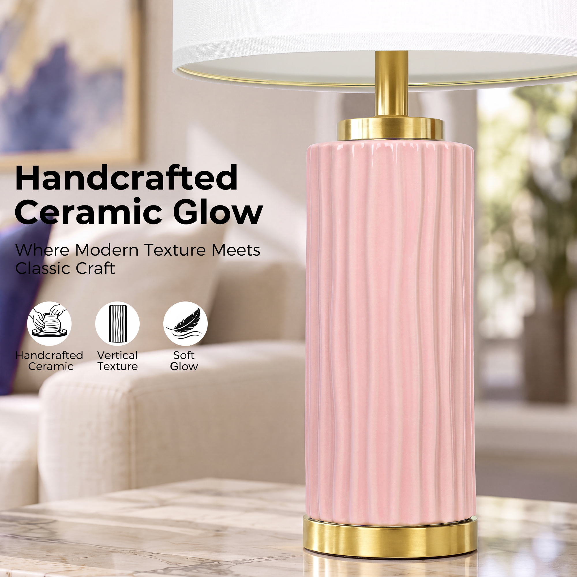 25" Wood-grain ceramic table lamp