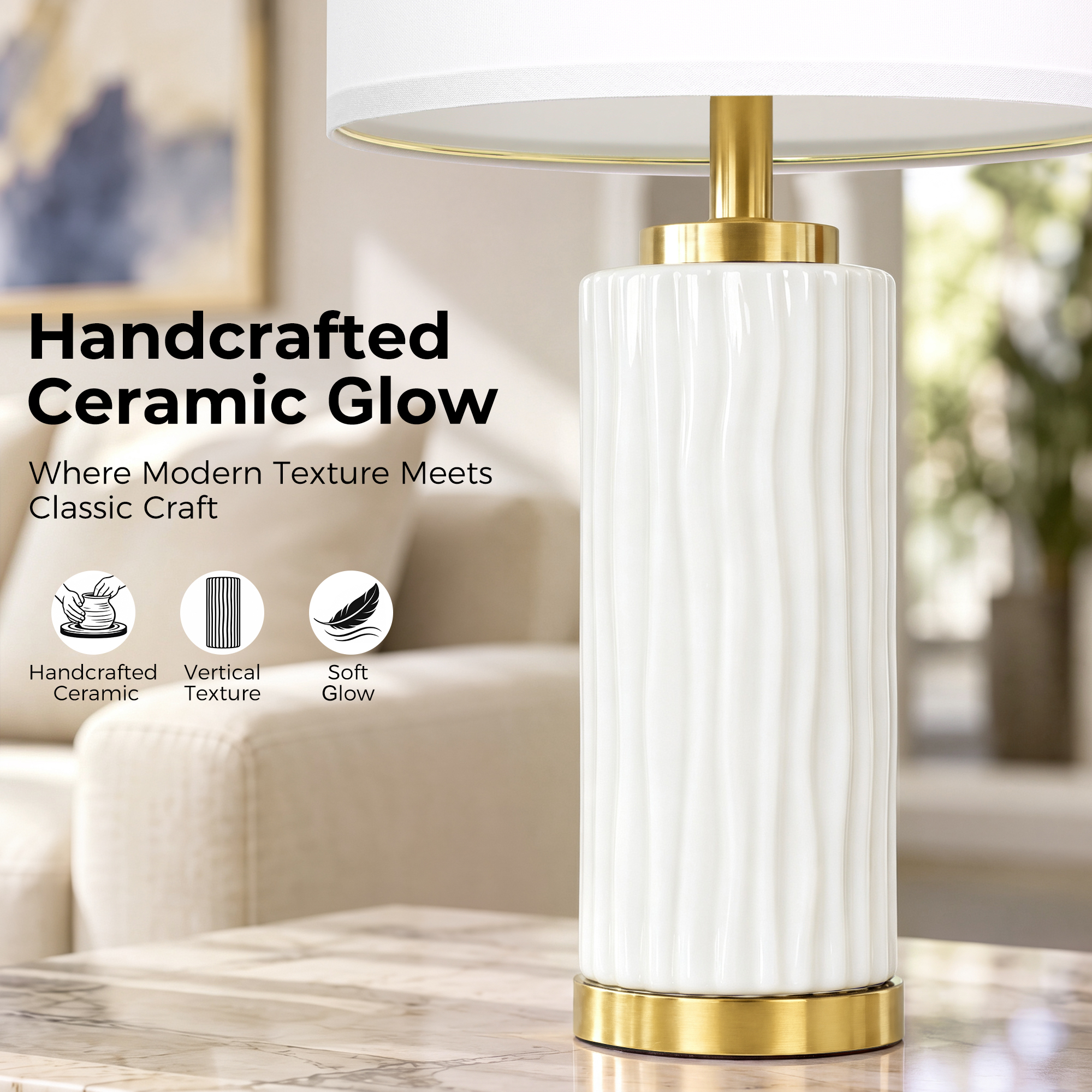 25" Wood-grain ceramic table lamp