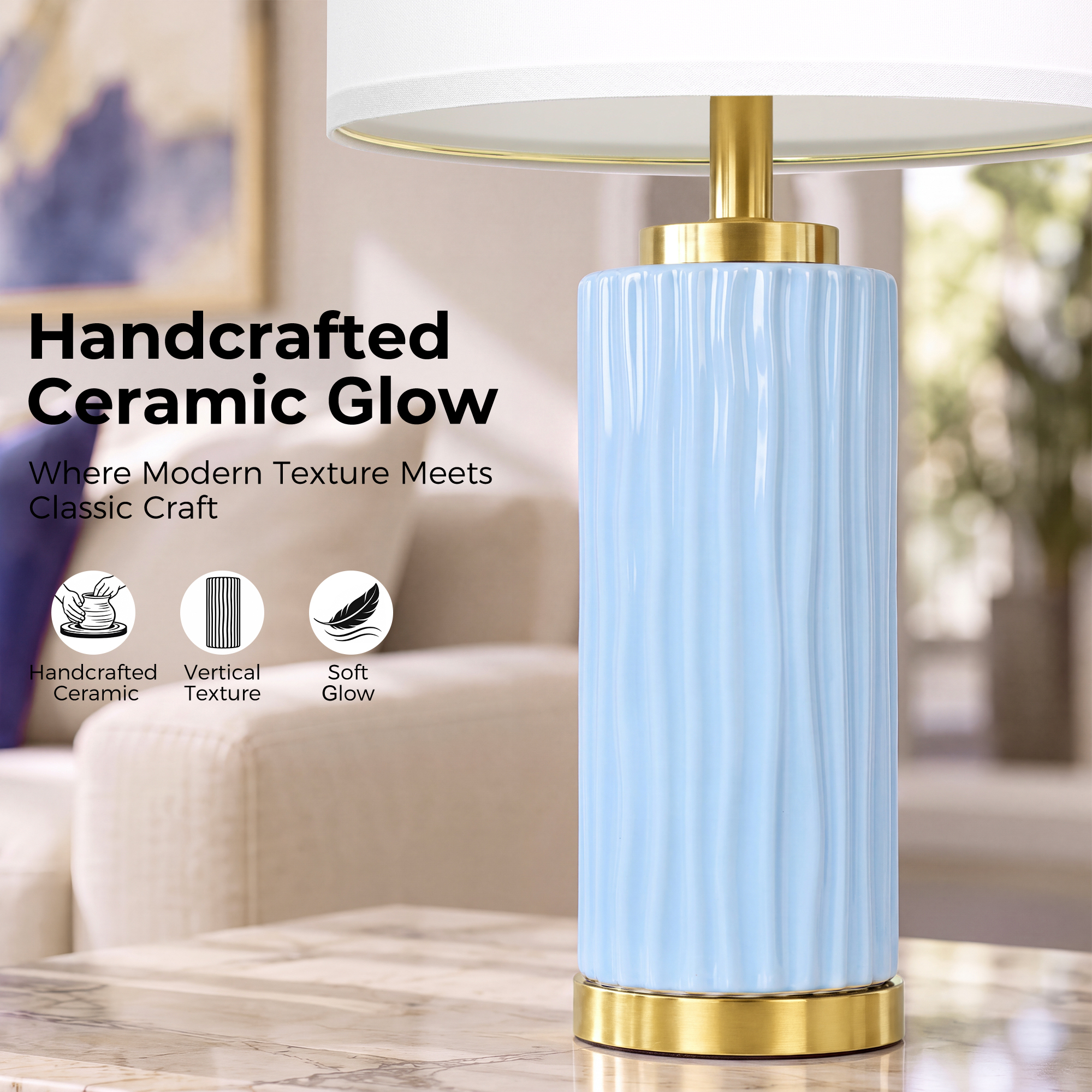 25" Wood-grain ceramic table lamp
