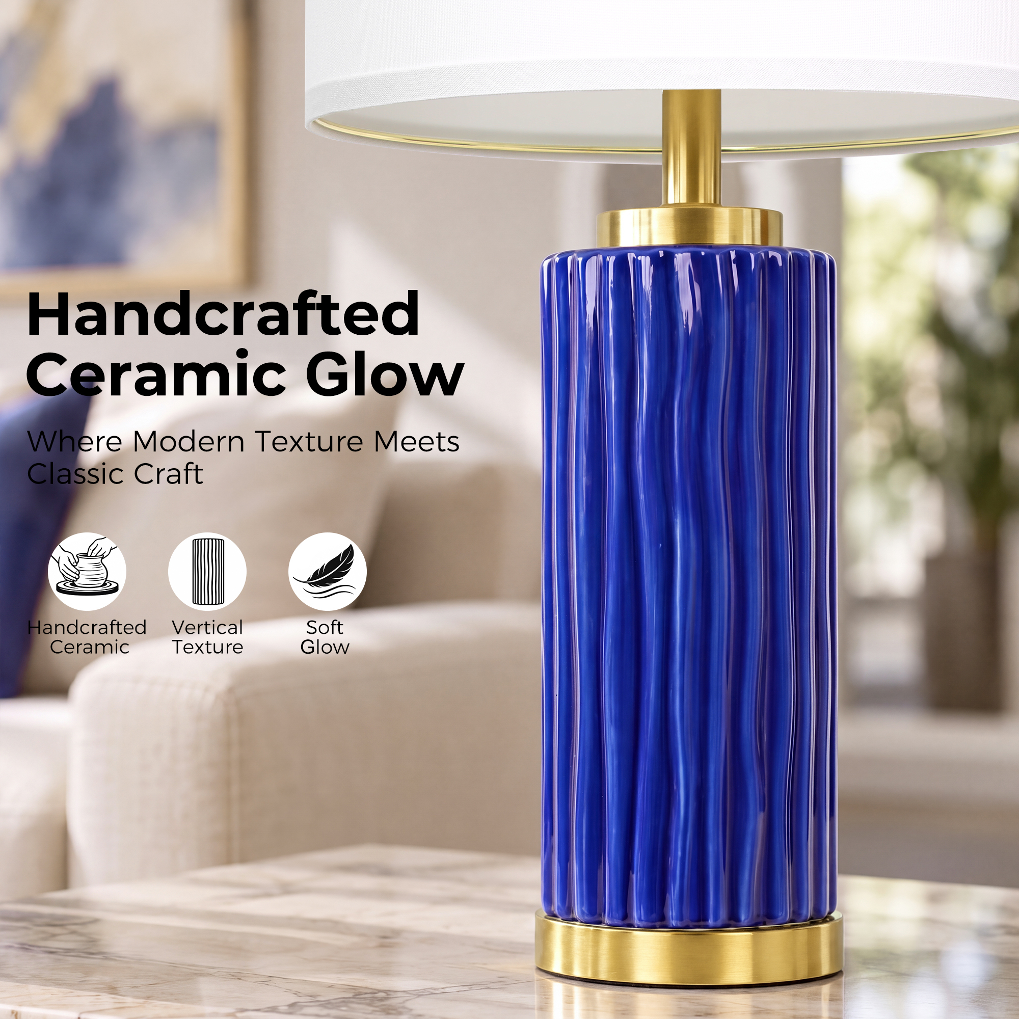 25" Wood-grain ceramic table lamp