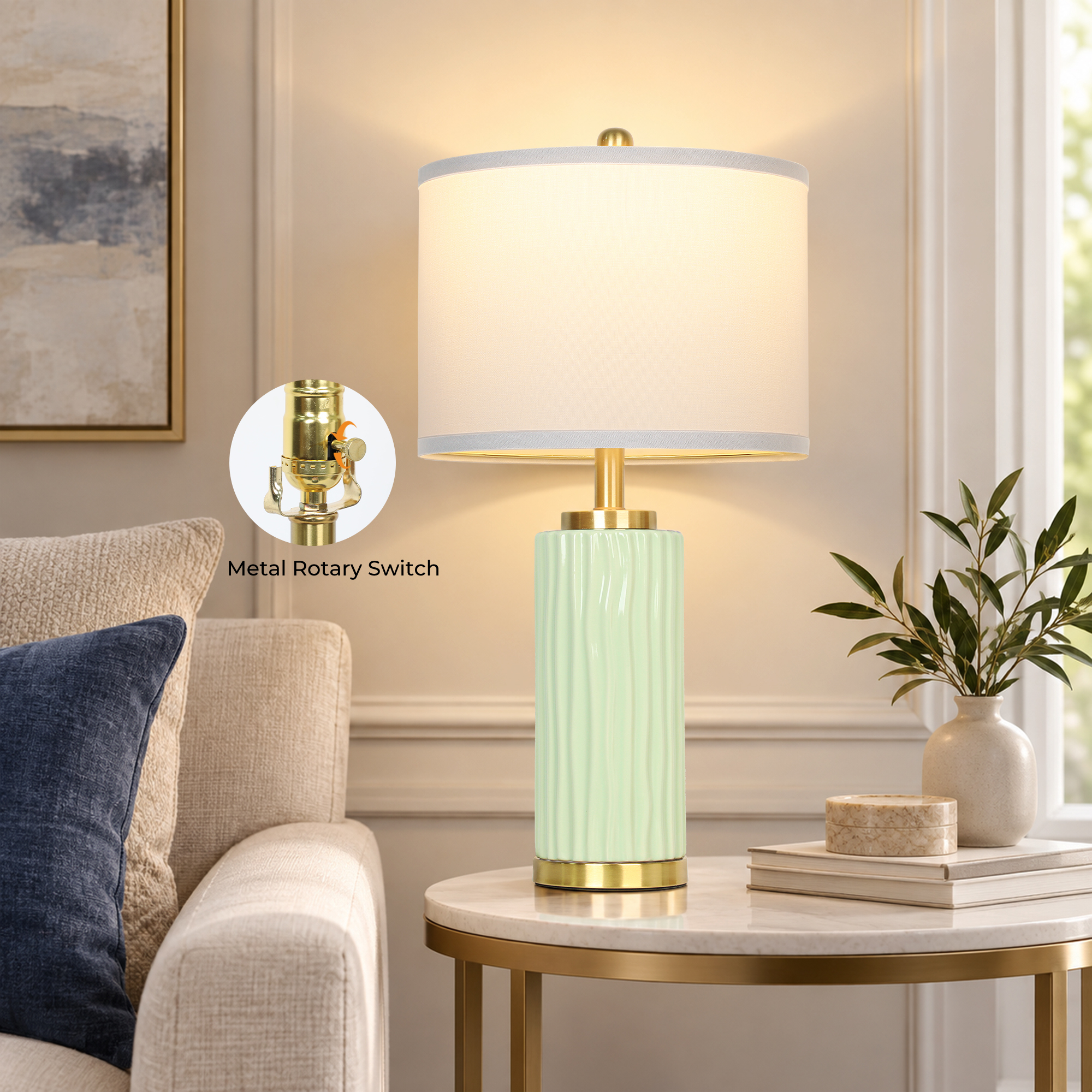 25" Wood-grain ceramic table lamp