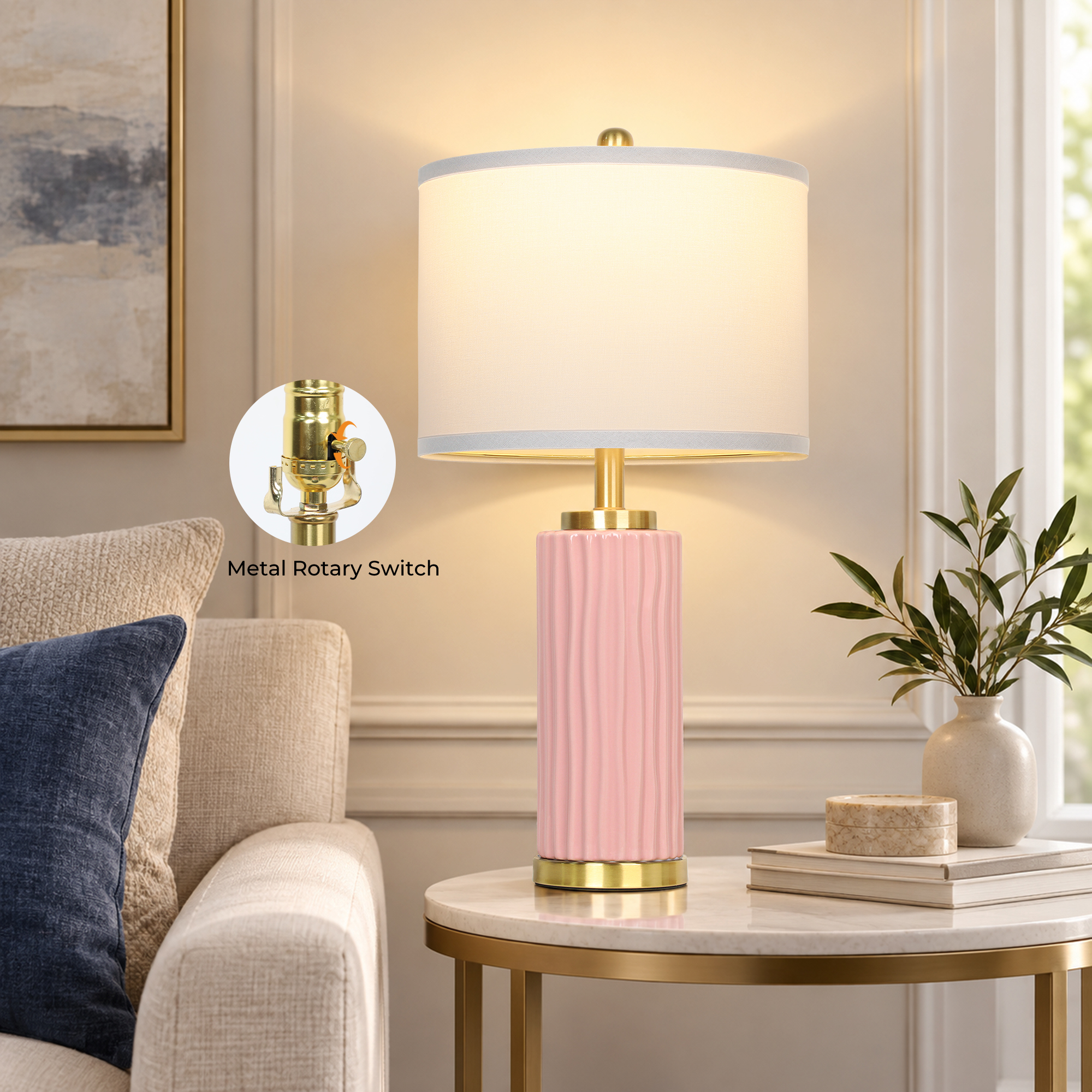 25" Wood-grain ceramic table lamp