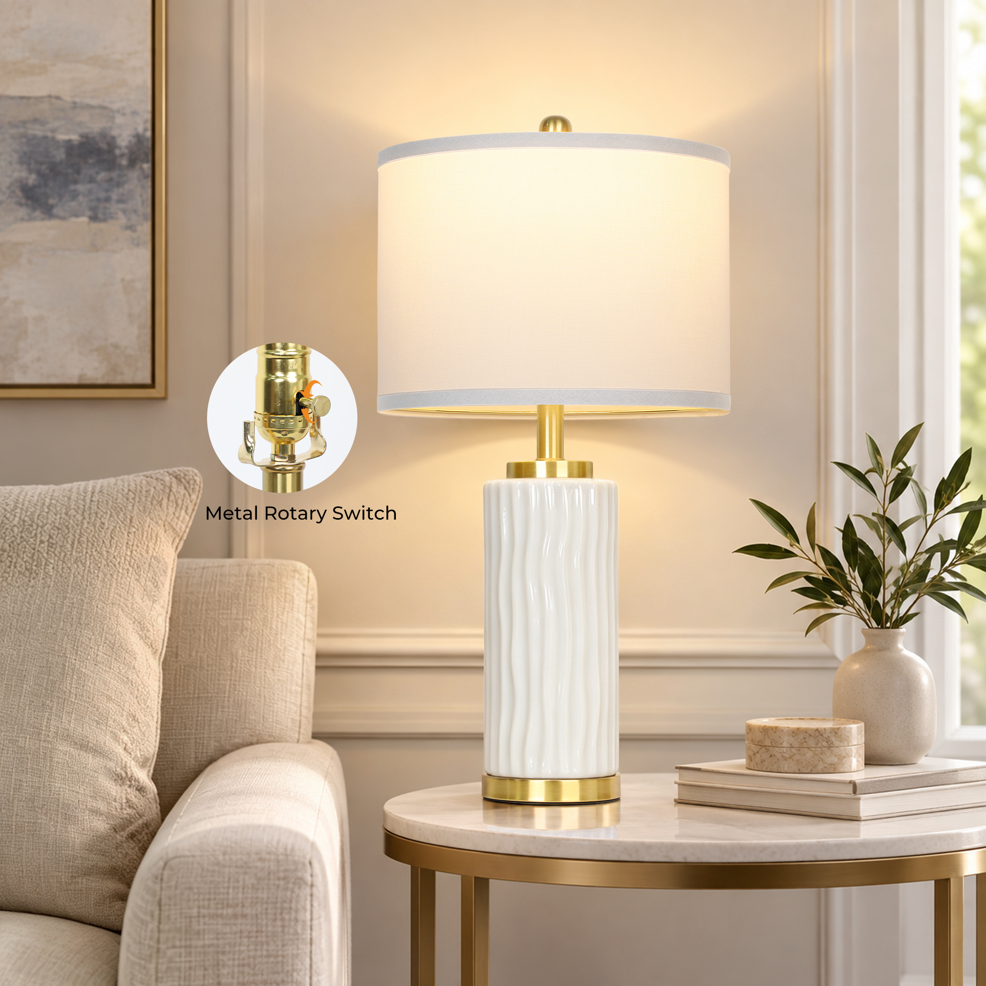 25" Wood-grain ceramic table lamp