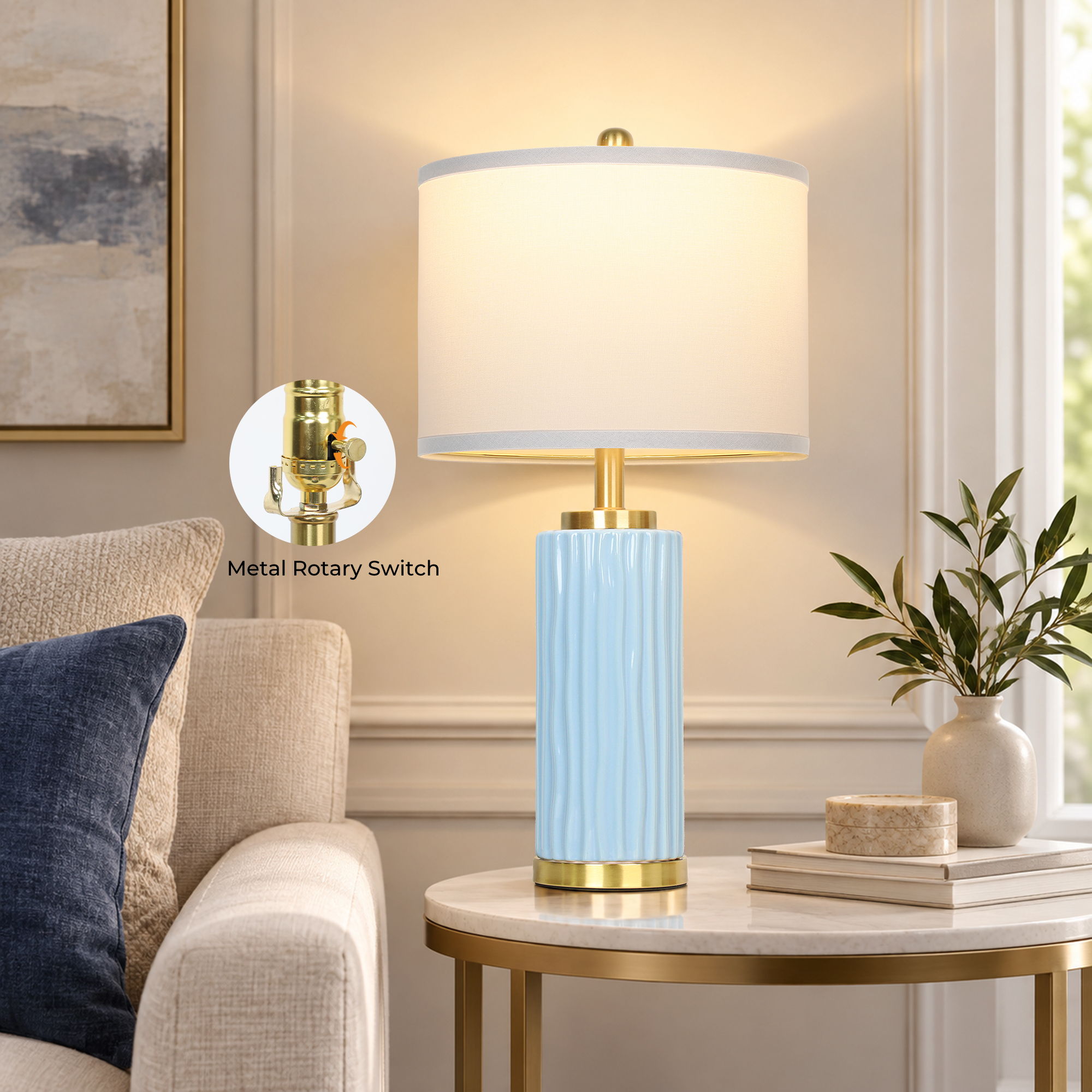 25" Wood-grain ceramic table lamp