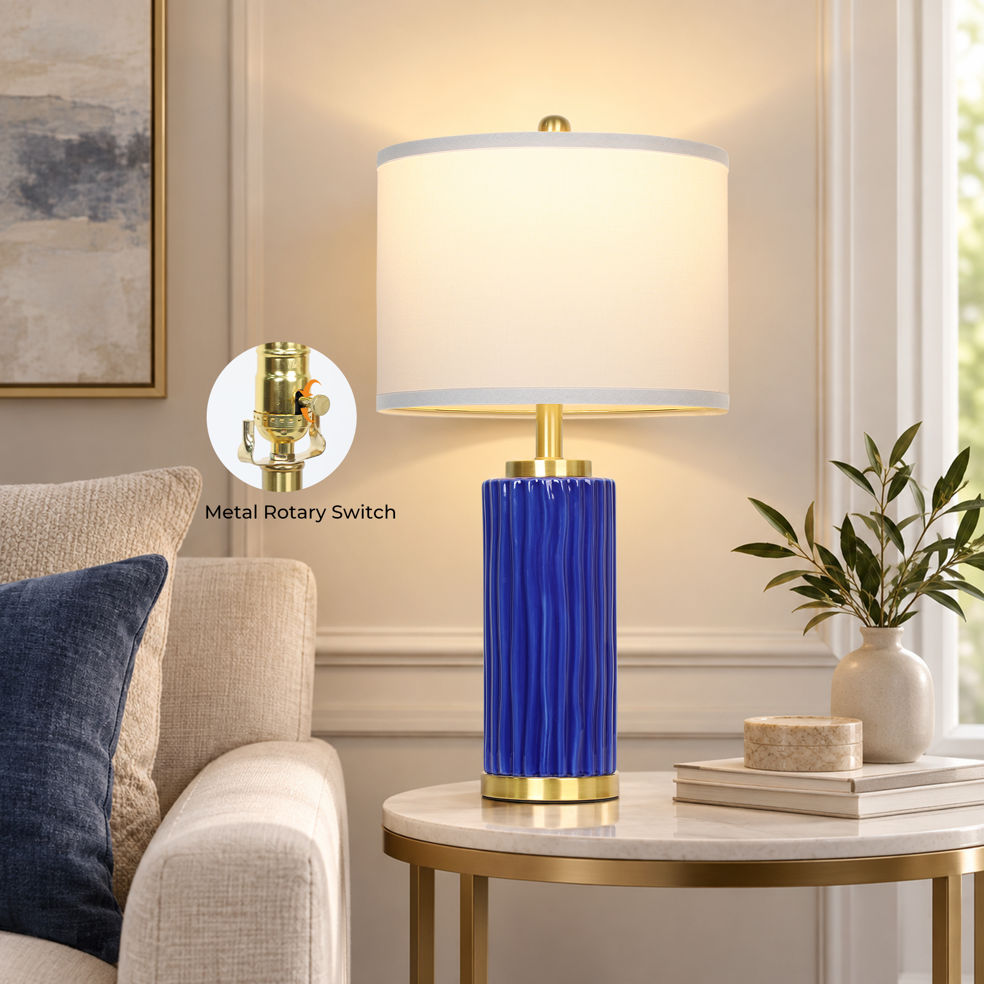 25" Wood-grain ceramic table lamp