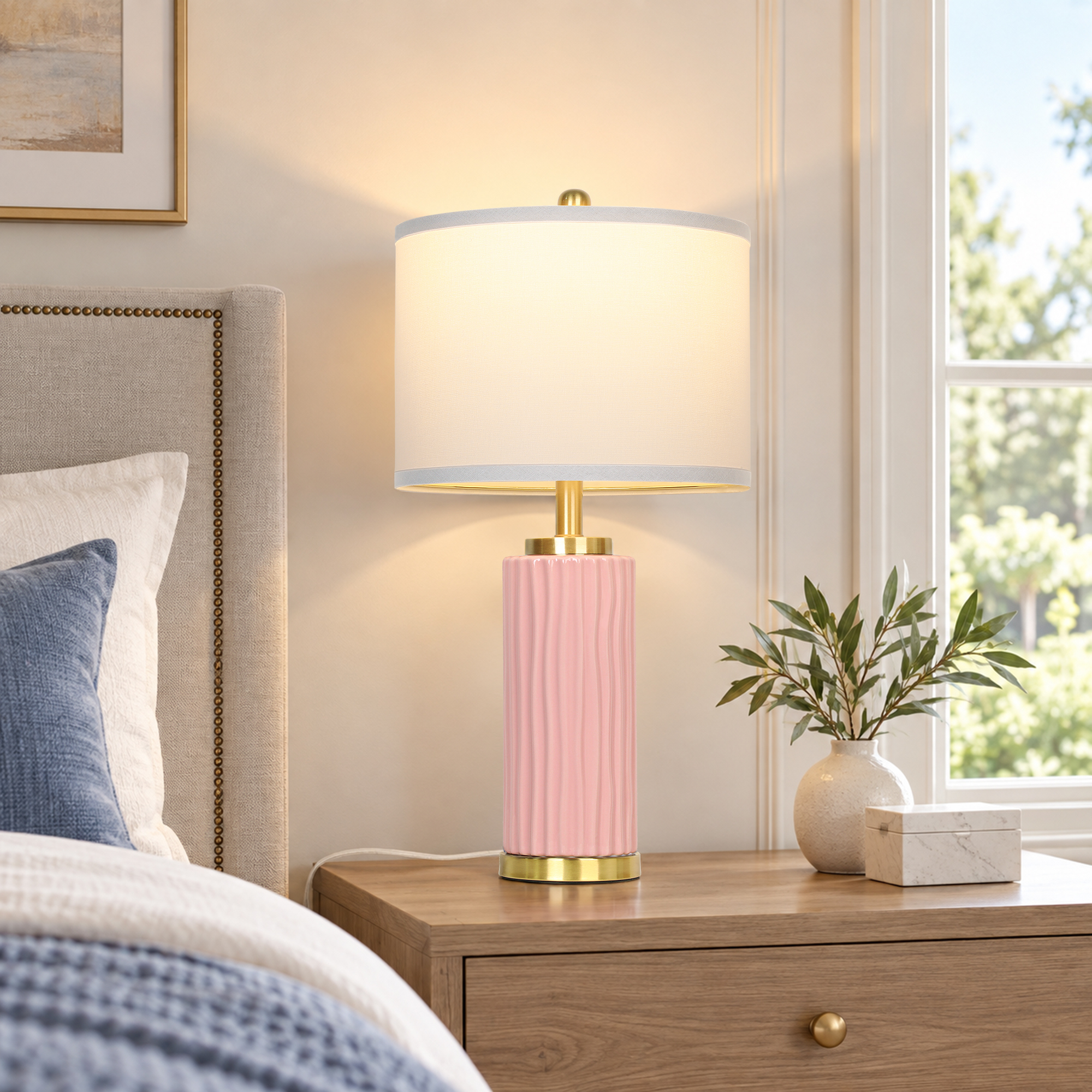 25" Wood-grain ceramic table lamp