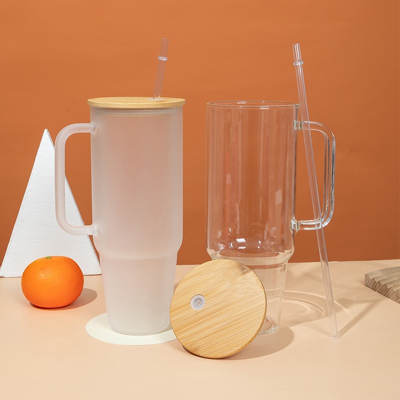 China Warehouse RTS 40oz Sublimation Glass Clear Frosted Mugs with Bamboo Lid