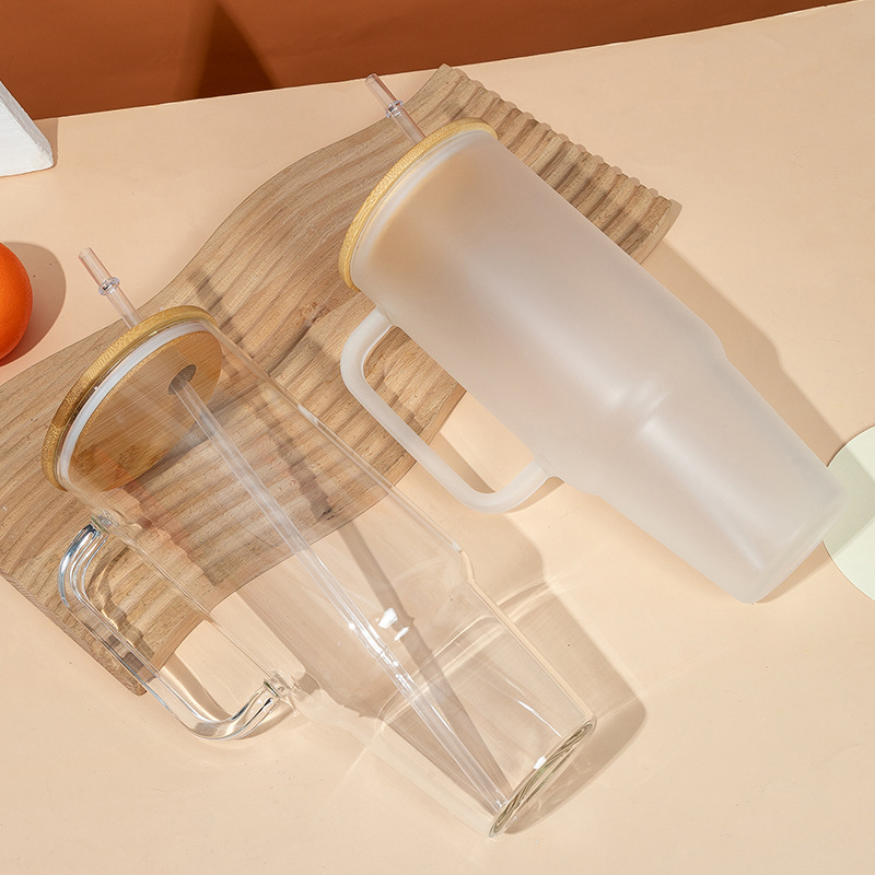 China Warehouse RTS 40oz Sublimation Glass Clear Frosted Mugs with Bamboo Lid