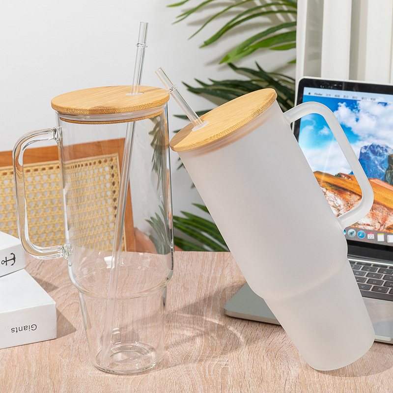 China Warehouse RTS 40oz Sublimation Glass Clear Frosted Mugs with Bamboo Lid