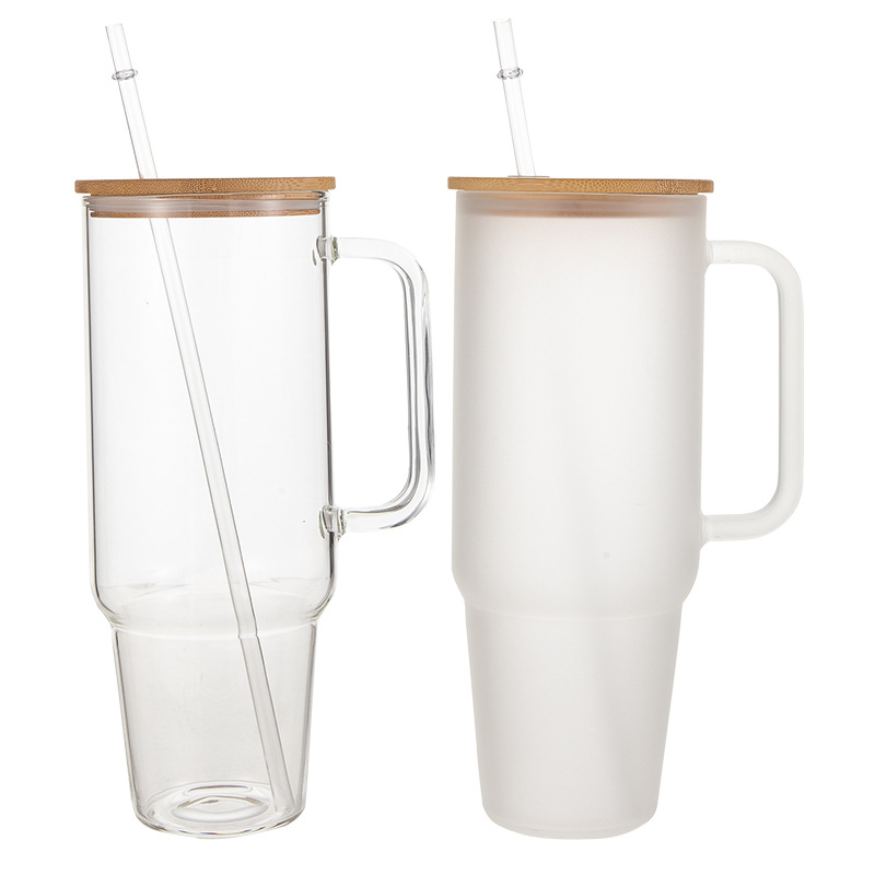 China Warehouse RTS 40oz Sublimation Glass Clear Frosted Mugs with Bamboo Lid