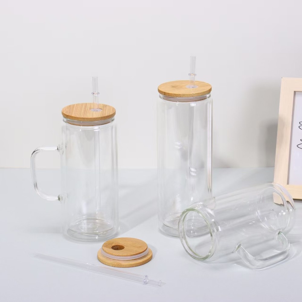 China Warehouse RTS 12oz 16oz 20oz inner capacity Glass Snow Globe cups with bamboo and colored lid