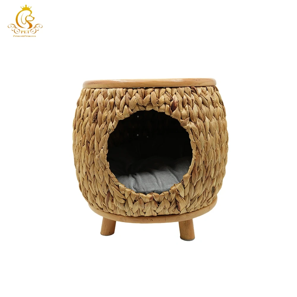 EUR VET Water Hyacinth Cat House with Solid Wood Base Round Pet House Variety of Size and Design Customize Package