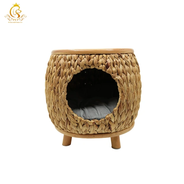 EUR VET Water Hyacinth Cat House with Solid Wood Base Round Pet House Variety of Size and Design Customize Package