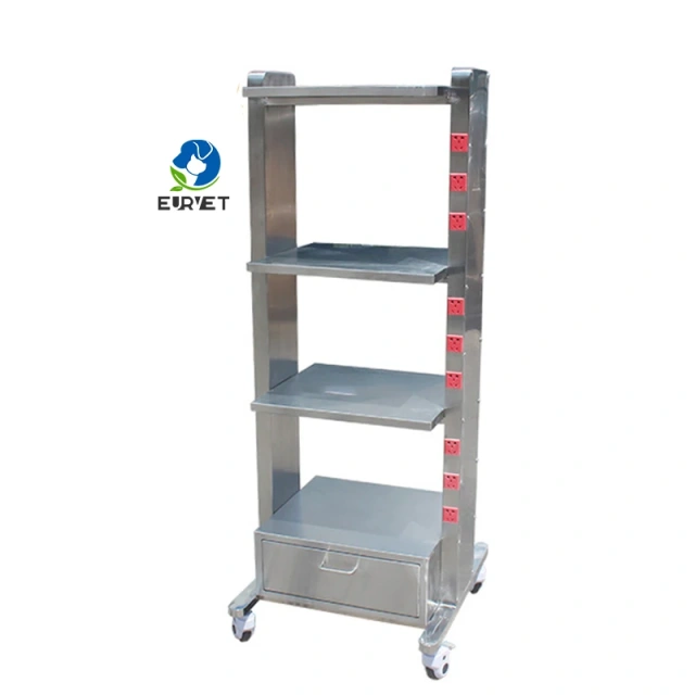EUR PET Stainless Steel Multi-layer Instrument Load-bearing Medical Monitor Cart With Socket and Brake Wheel for Vet Hospital