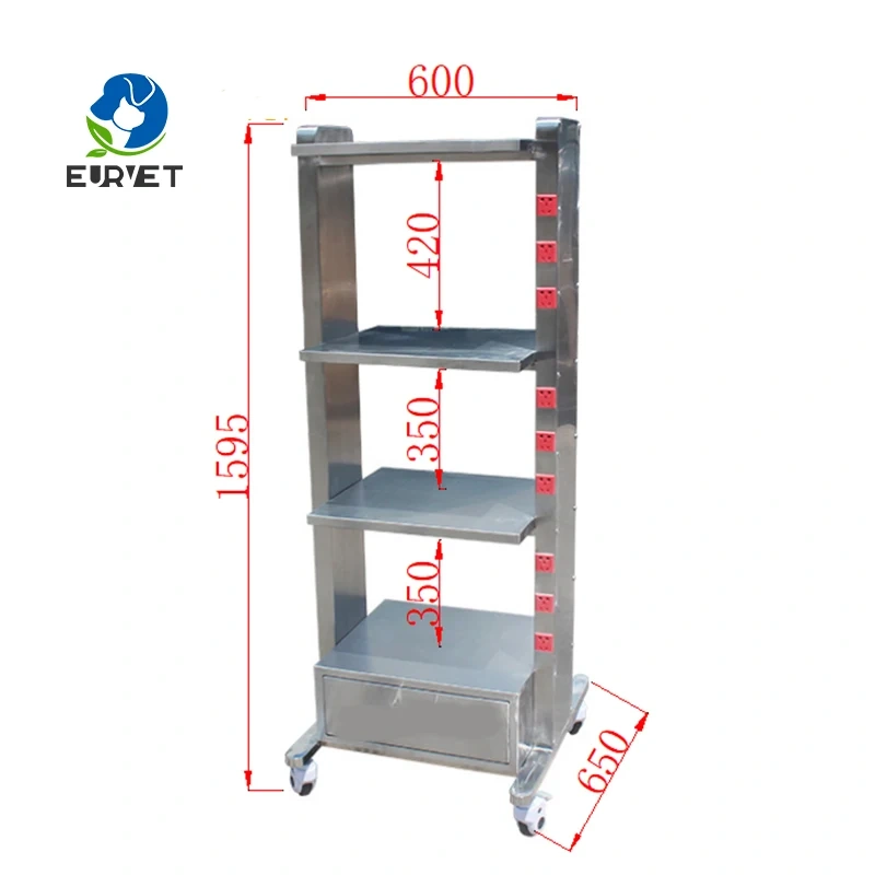 EUR PET Stainless Steel Multi-layer Instrument Load-bearing Medical Monitor Cart With Socket and Brake Wheel for Vet Hospital
