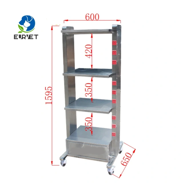 EUR PET Stainless Steel Multi-layer Instrument Load-bearing Medical Monitor Cart With Socket and Brake Wheel for Vet Hospital