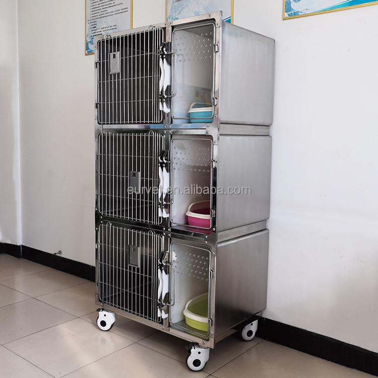 EUR PET Breathable Small Dog House 6 Doors Veterinary Animal Cage 3 Layers 304 Stainless Steel Movable Cat Cage
